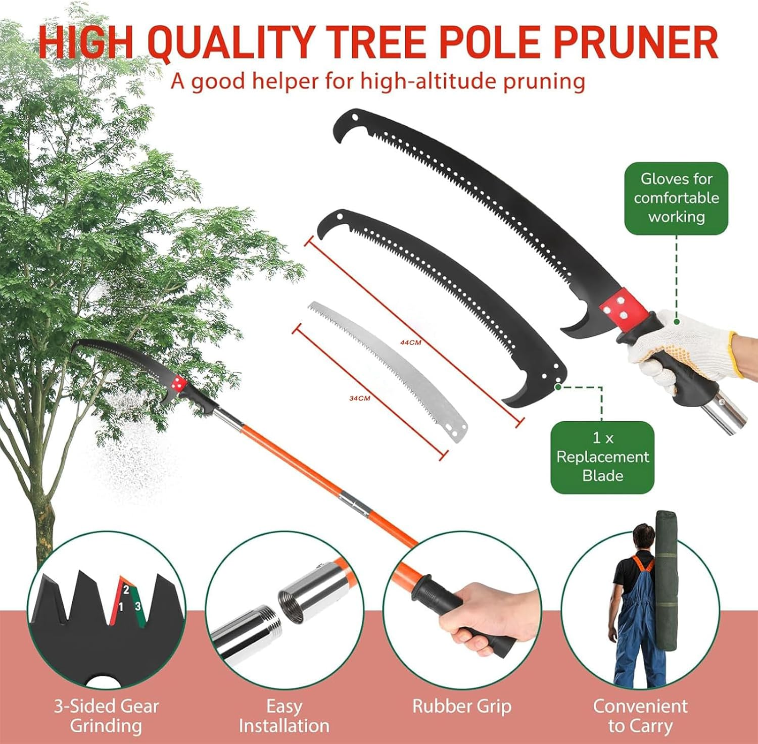 Homodoskey Manual Pole Saw, 9M Extendable Tree Pruner, High Branch Trimmer with Lightweight Fiberglass Handles, Garden Tools with Storage Bag, for Pruning Palms and Shrubs image number 6