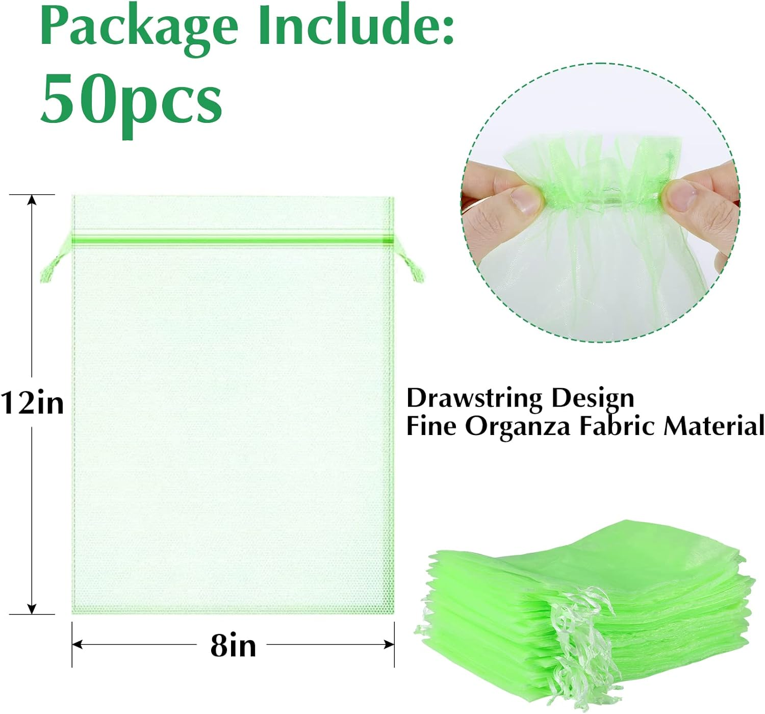 Kikhope 50 Pcs Fruit Protection Bags, 12''&times;8'' Fruit Netting Bags with Drawstring, Garden Fruit Cover Mesh Bag to Protect Plants from Pest Birds Squirrels image number 6