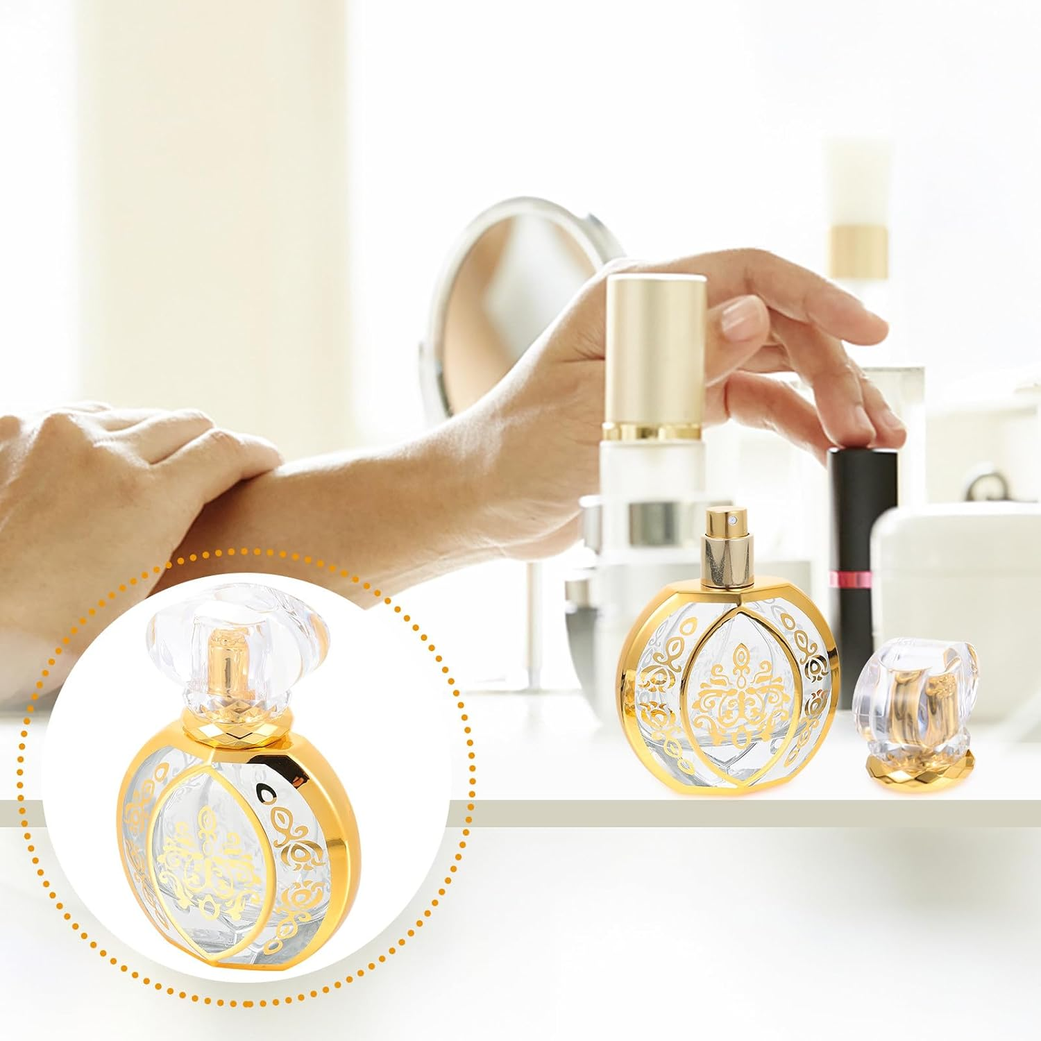 Zerodeko Vintage Glass Perfume Bottle with Gold Stamping Refillable Spray Atomiser for Travel and Cosmetic Liquids Portable Fragrance Dispenser image number 5