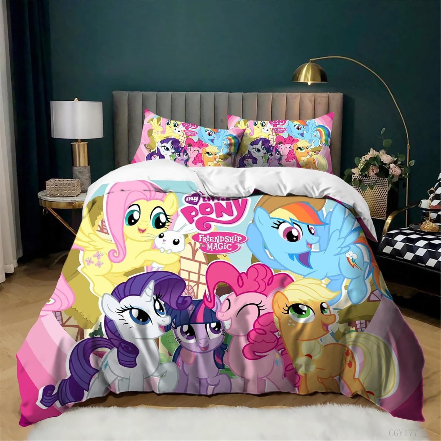 3Pcs Girls Bedding Duvet Cover Set My Little Pony Duvet Cover All Season Lightweight Cartoon Quilt Cover for Kids