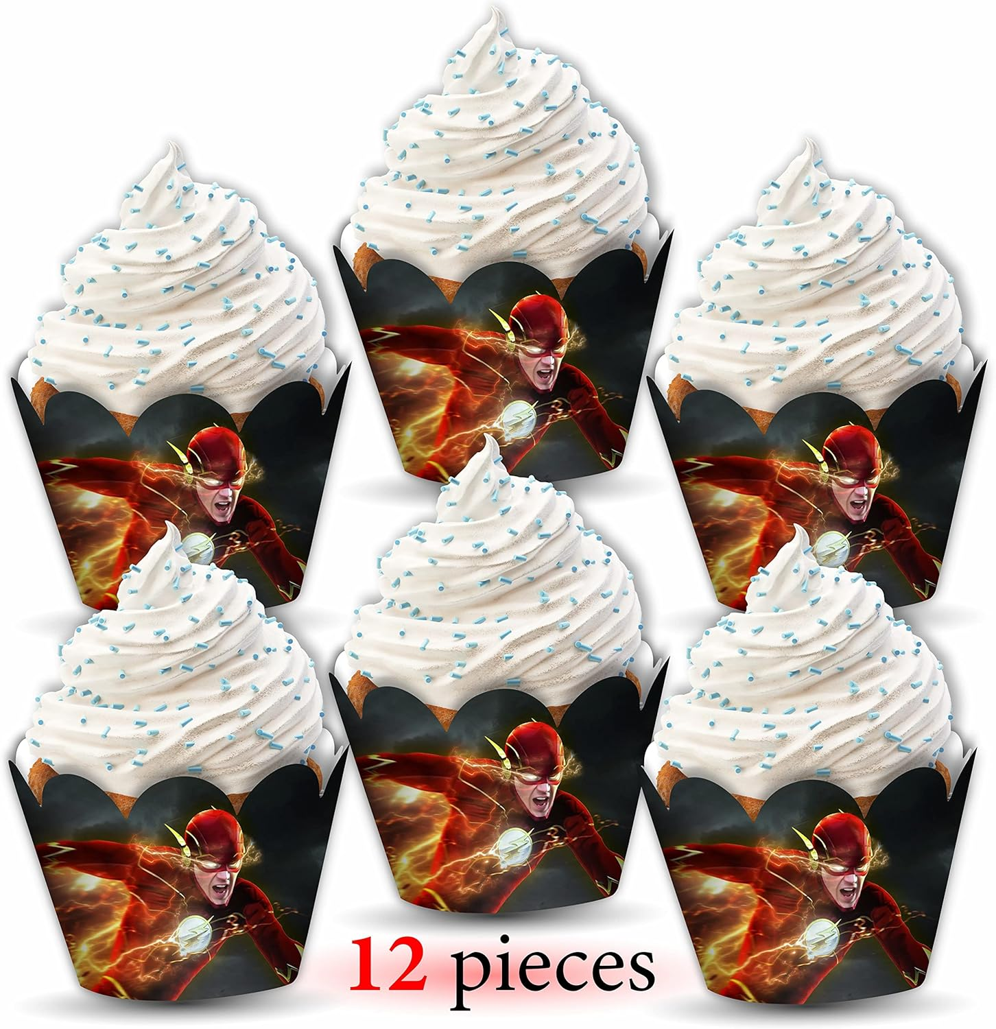 Flsh Cupcake Wrapper &ndash; Red Speed Hero Theme Party Sleeves for Boys Birthday, Comic Lightning Cupcake Wraps, Super Speed Celebration Decorations image number 1