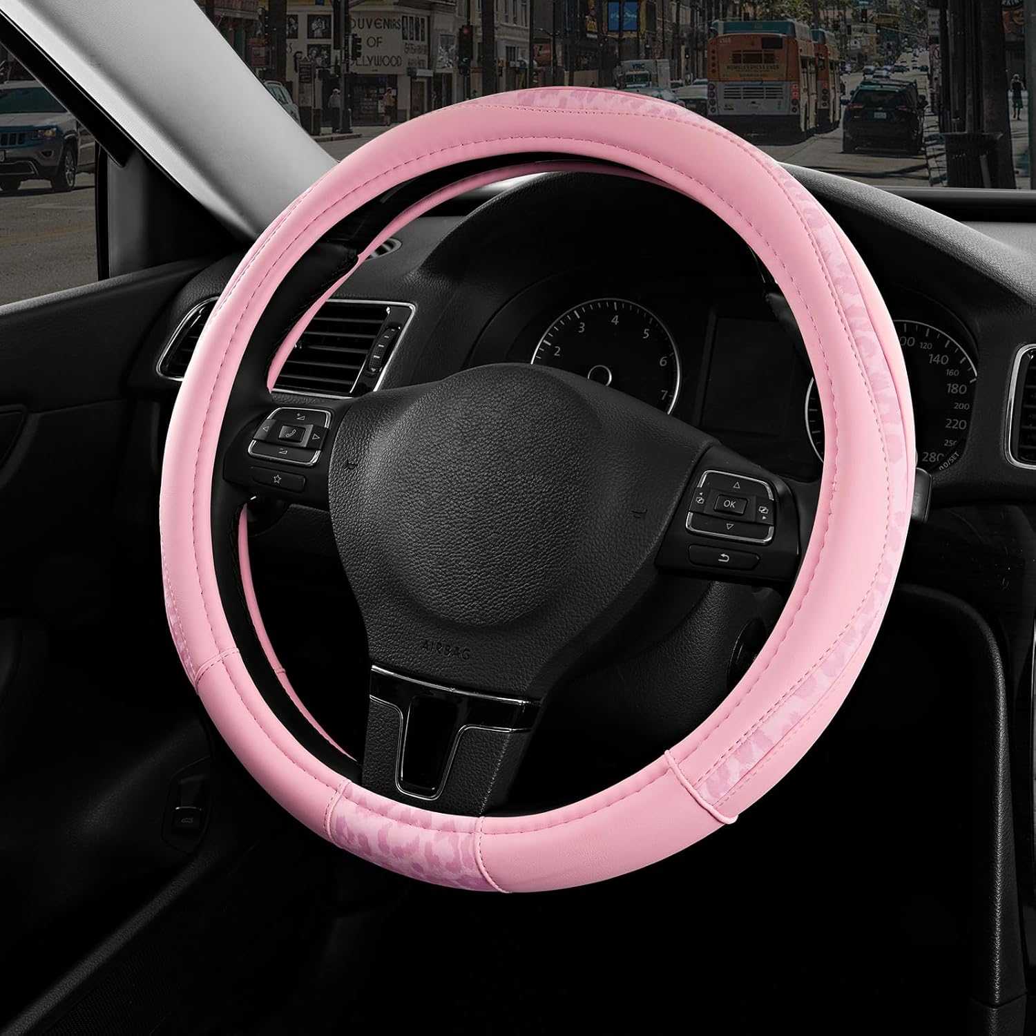 Road Comforts D-Type Steering Wheel Cover - Made with PVC Leather and Leopard Fabric - Universal Fit for 15-Inch D-Shaped Automotive Steering Wheels (Black Color) - Beige image number 4