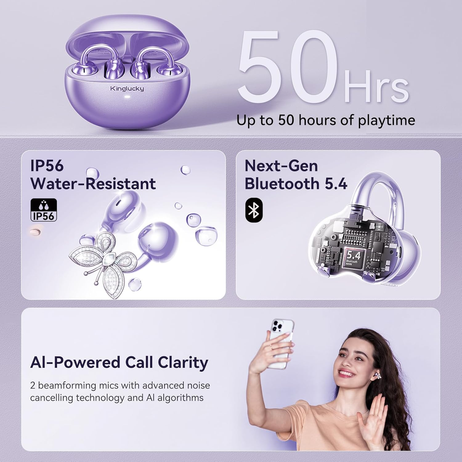 Kinglucky Clipfree Open-Ear Headphones, Butterfly-Inspired Ear-Cuff Design, Stylish & Comfortable Clip-On Ear Buds, Wireless Earbuds for Women, Long Battery Life, Great for Gifting - Purple image number 3