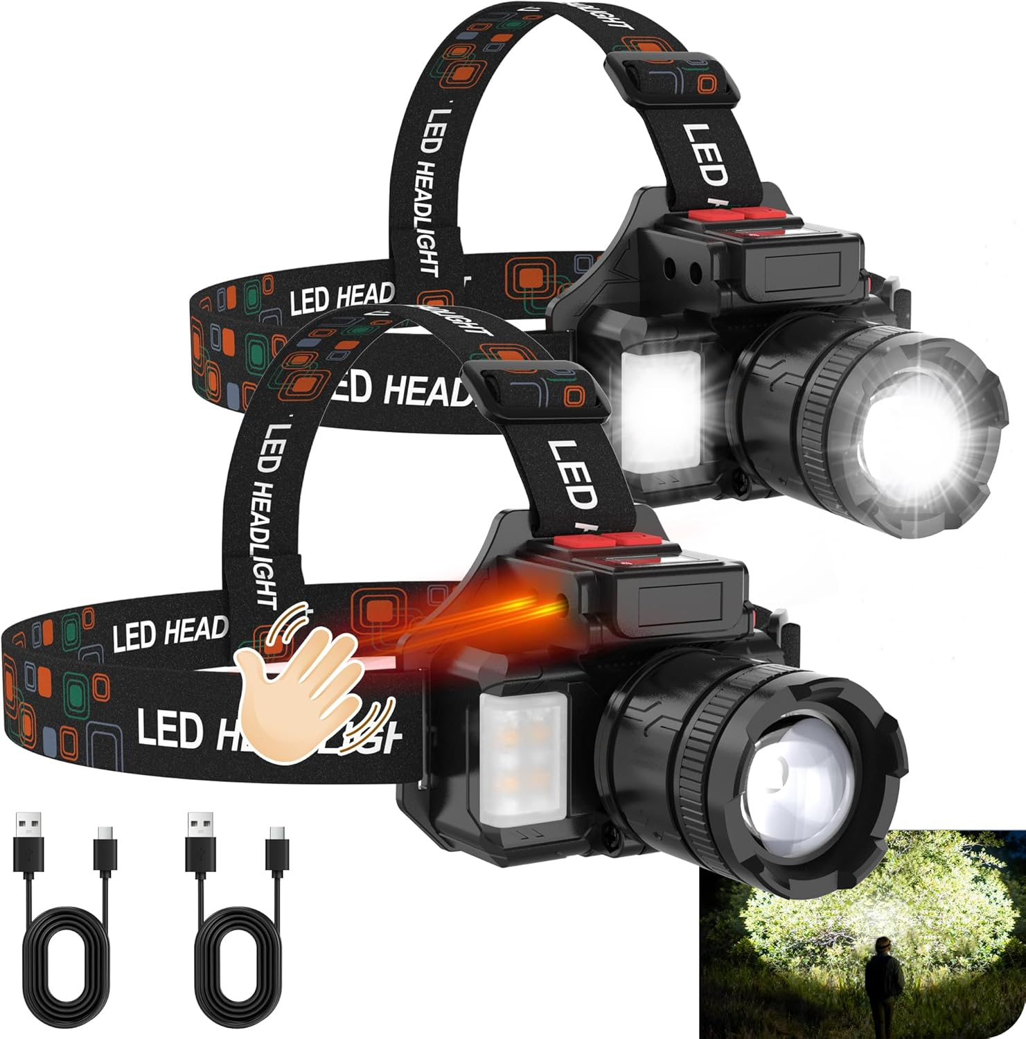LED Head Torch with Motion Sensor, Super Bright Headlamp with 10 Modes, 3600Mah Battery Flashlight, USB Rechargeable Camping Light Zoomable for Camping, Hiking, Outdoors, Hunting, Running-2 Pack