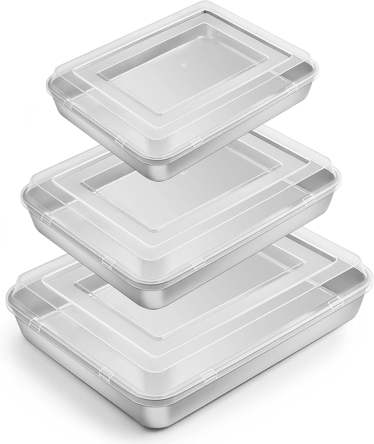 E-Far Baking Pan with Lid(12.4/10.4/9.4 Inch), Stainless Steel Rectangular Sheet Cake Pans with Cover, Metal Bakeware Sets for Lasagna Casseroles Brownie, Non-Toxic & Dishwasher Safe - 3 Pans + 3 Lids image number 2