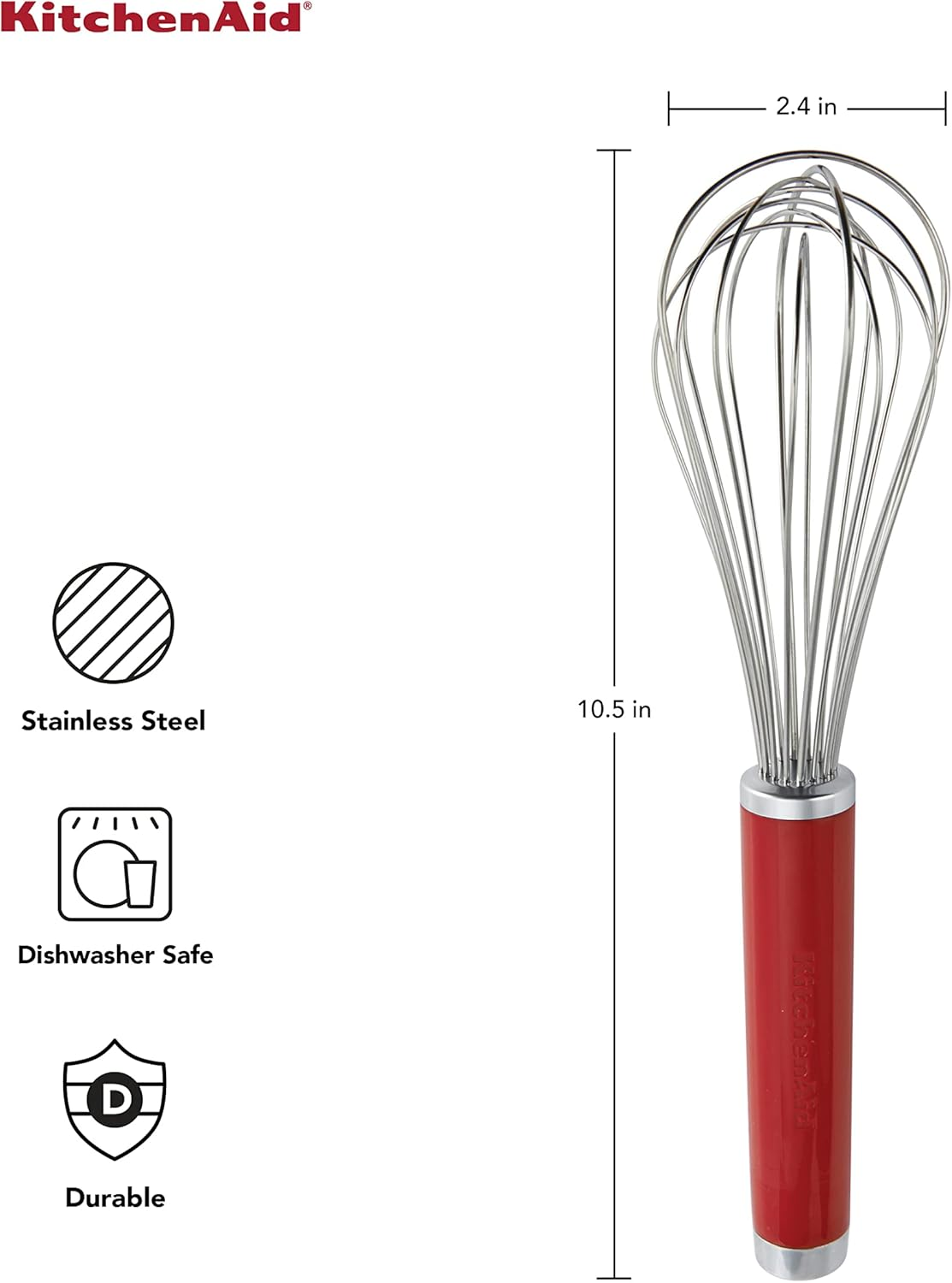 Kitchenaid Classic Whisk Empire Red - 27Cm Stainless Steel with Gloss Black Handle and Satin Chrome Accents | Ideal for Whipping, Beating Eggs, and Mixing | Suitable for Both Dry & Liquid Ingredients image number 6