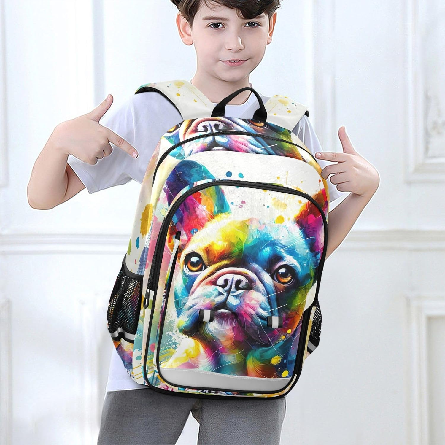 RPLIFE Colorful Bulldog White Kids Backpack for School, 17 Inch Large Kids Elementary School Backpack, 6-12 Y