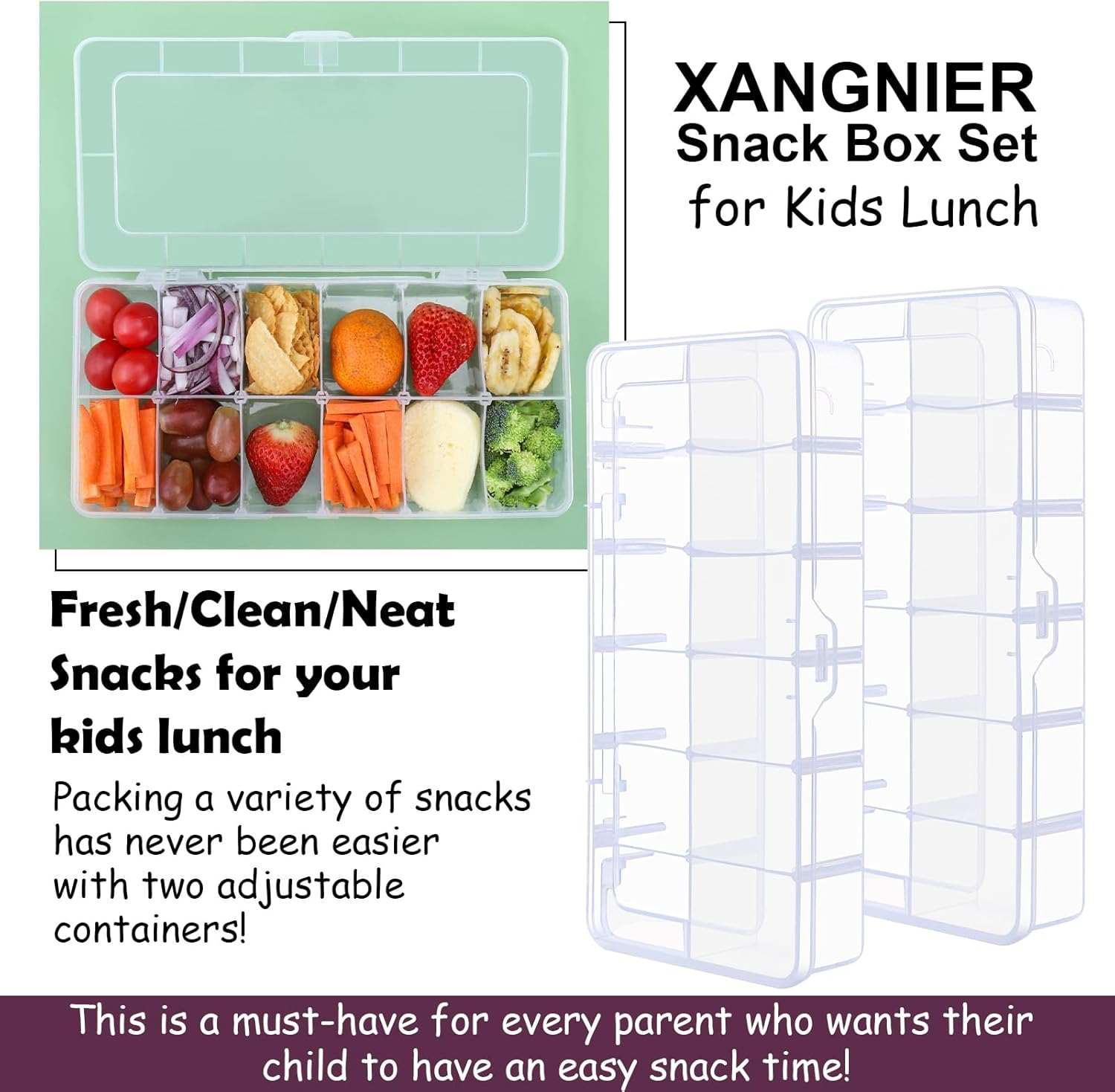XANGNIER Snack Box Container for Kids Lunch Accessories,Divided Snackle Box Charcuterie Container,12 Compartments Reusable Food Storage Containers for School, Travel,Work,Bento Box Accessories,2 Pack image number 6