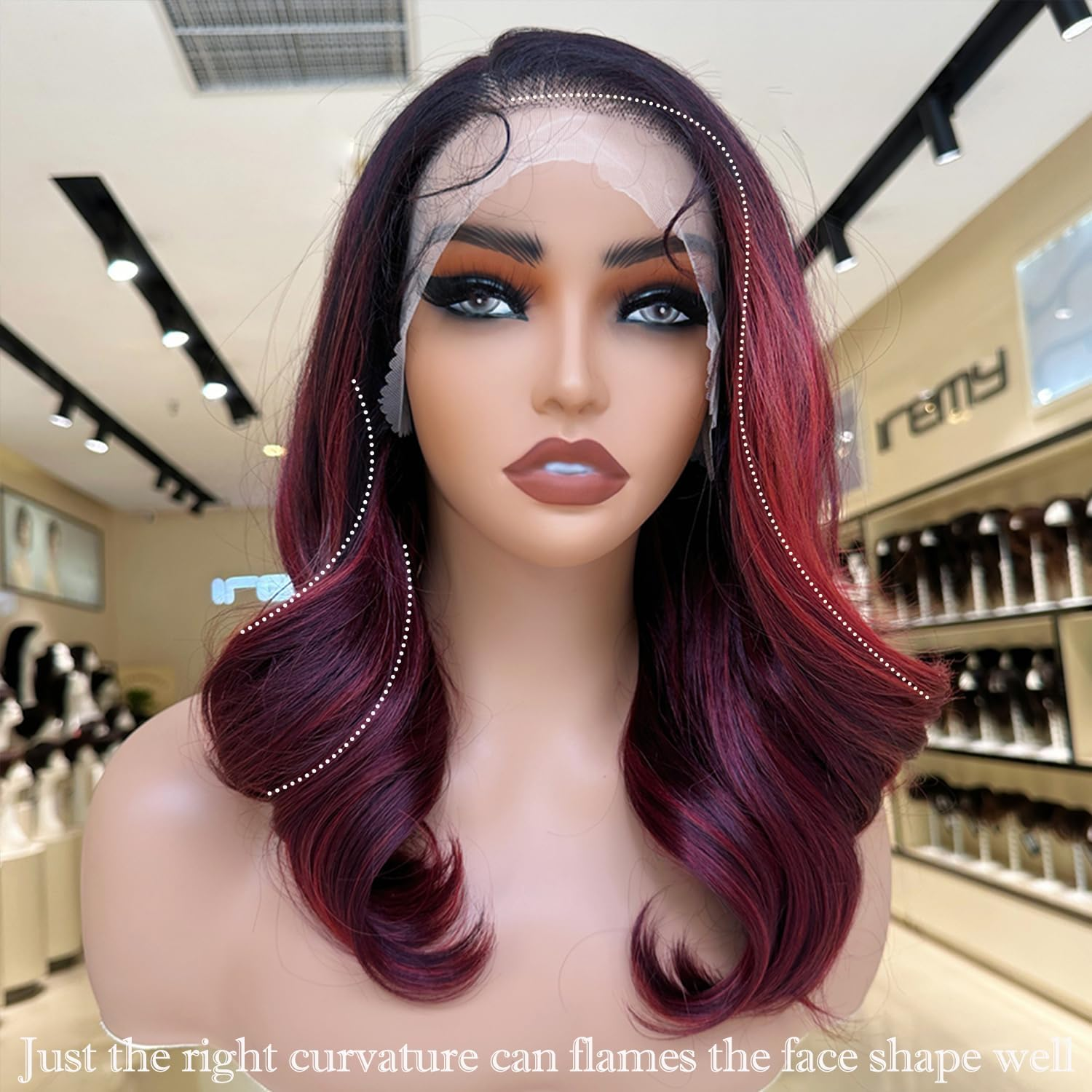 Bordeaux Red Shimmer Lace Wig 13X6Cm Synthetic Lace Front Light Heat Resistant Short Wavy Wigs for Women image number 1