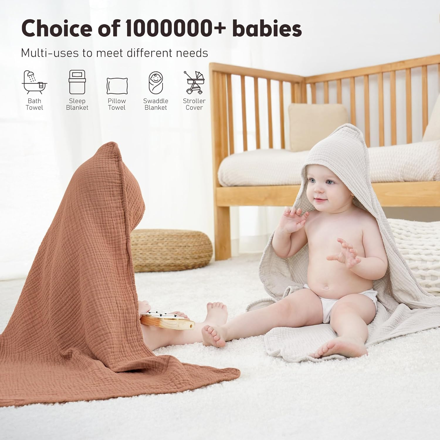 Susurration Hooded Baby Towels for Newborn 2 Pack 100% Muslin Cotton Towel for Babies，Highly Absorbent and Newborn Essential 30X30 Inch (Brown) image number 1