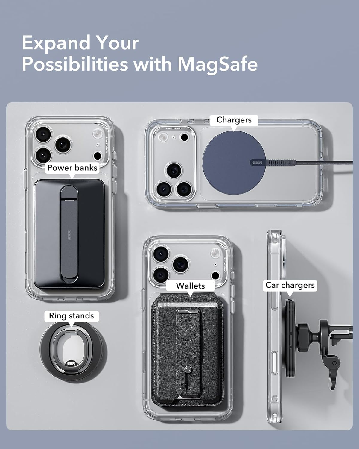 ESR for Magsafe Ring, Ultra-Thin(0.4Mm) for Magsafe Sticker,2 Pack Universal Magnetic Wireless Charger Conversion Kit for Iphone 17/16/16E/15/14/13, Galaxy S24/S23, Mag Safe Accessories,Black & Silver image number 1