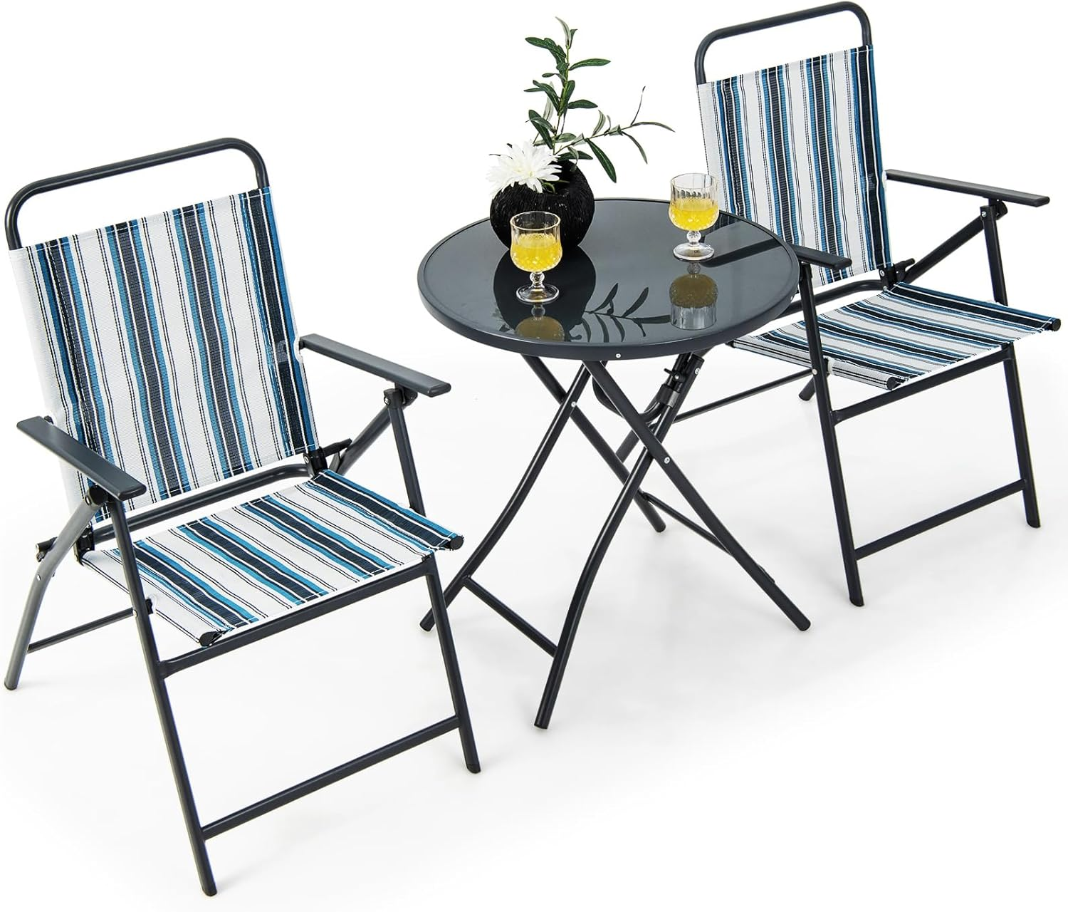 Costway 3 Piece Outdoor Folding Bistro Set, 2 Folding Chairs W/Folding Table, Heavy-Duty Metal Frame, Outdoor Dining Chair Set, Portable Folding Chair Set for Backyard, Poolside, Balcony image number 3