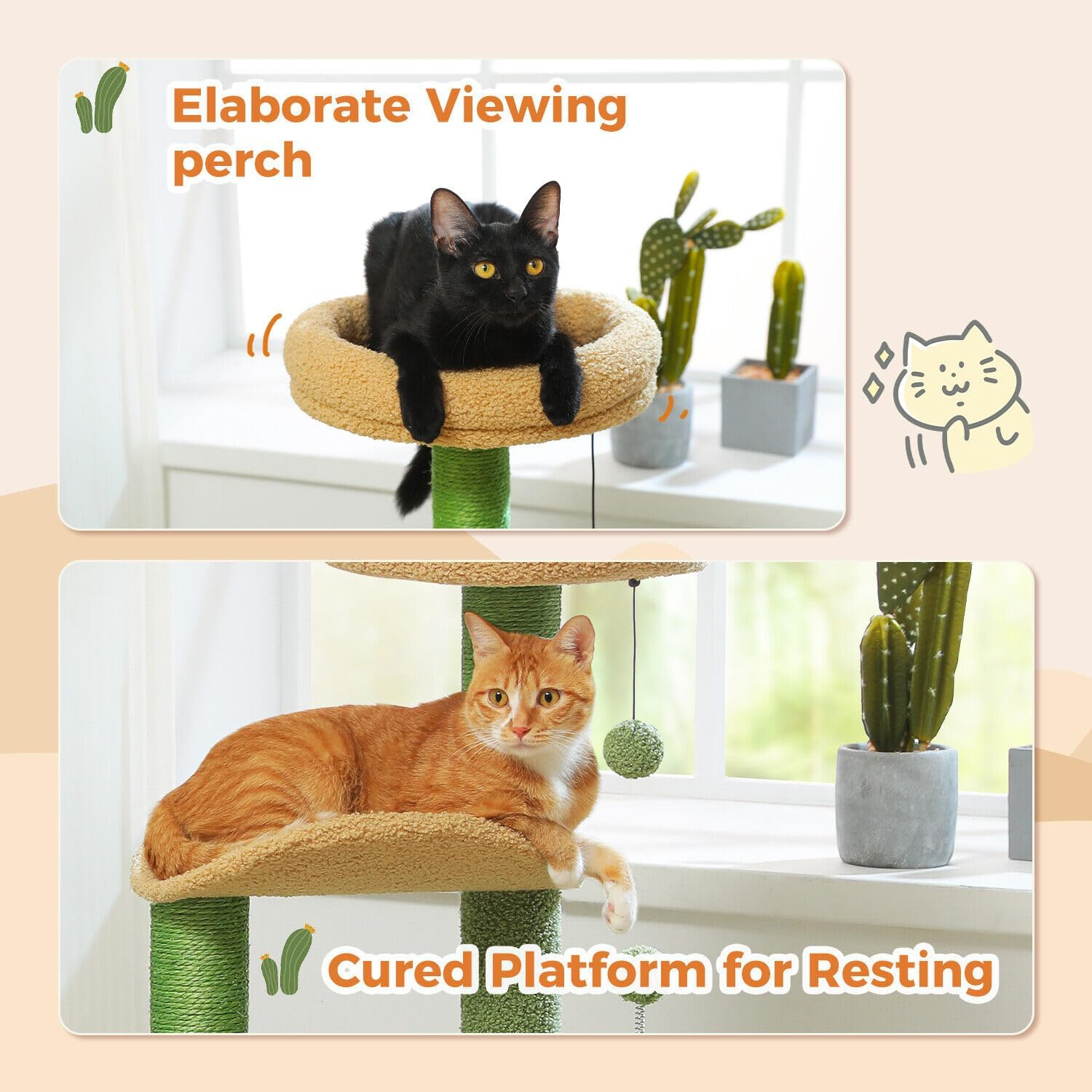 PAWZ Road Cat Tree 32 Inches Cactus Cat Tower with Sisal Covered Scratching Post, Cozy Condo, Plush Perches and Fluffy Balls for Indoor Cats,Green image number 2
