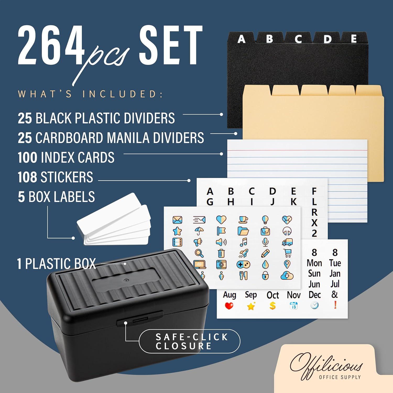 Index Card Holder 3X5 Set &ndash; Heavy-Duty Index Card Organizer Box with Dividers &ndash; 100 Ruled Index Cards 3X5, 25 Manila Dividers, 25 Plastic Dividers, 72 Easy-Read Stickers & 5 Box Labels
