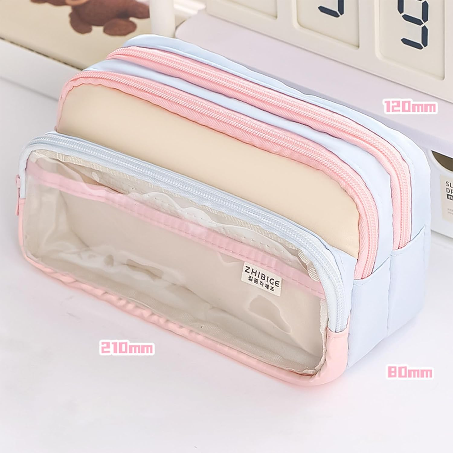 Pencil Case Large Capacity Aesthetic Pencil Case with 4 Compartments Zip Smoothy Pencil Case for Middle School College Office Student Girls Gift, Blue and Pink, Pencil Case image number 4