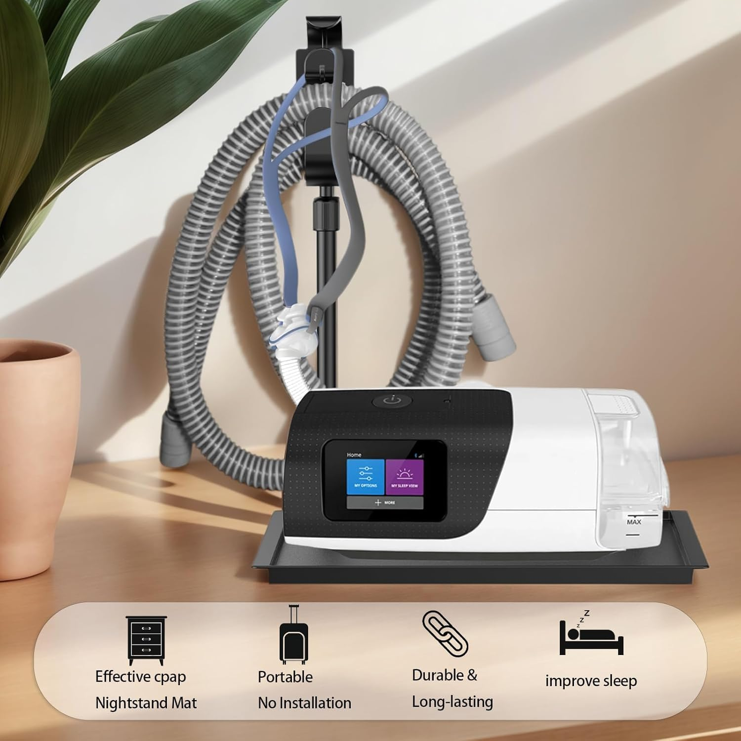 CPAP Protector Mat & CPAP Hose Holder - Bedside Organizer with Retractable CPAP Hook for CPAP Mask & Tubing, Keeps CPAP Supplies Neat and Tidy, Enhances Sleep Quality (Black) image number 4