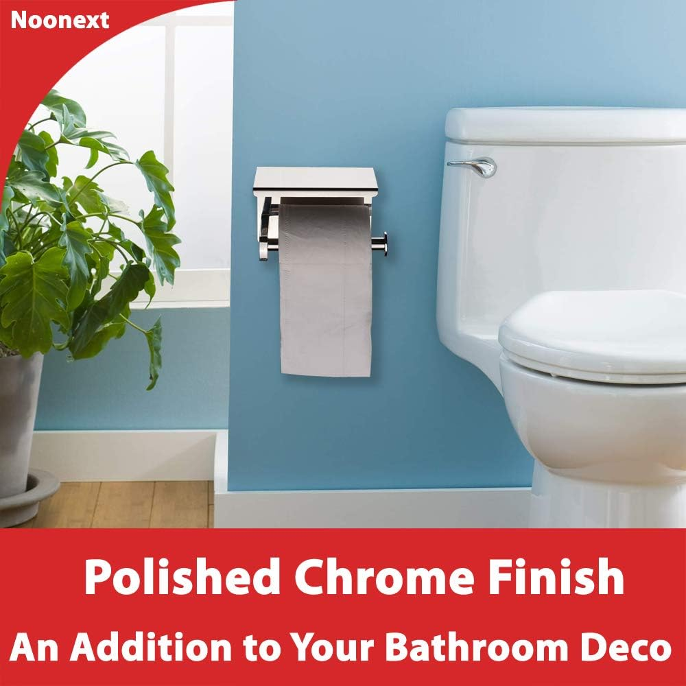 Toilet Paper Holder with Shelf Wall Mounted, Adhesive Toilet Paper Roll Holder, Stainless Steel Tissue Roll Dispenser Storage, Adhesive No Drilling or Drilling with Screws (Polished Chrome) - Gold image number 3