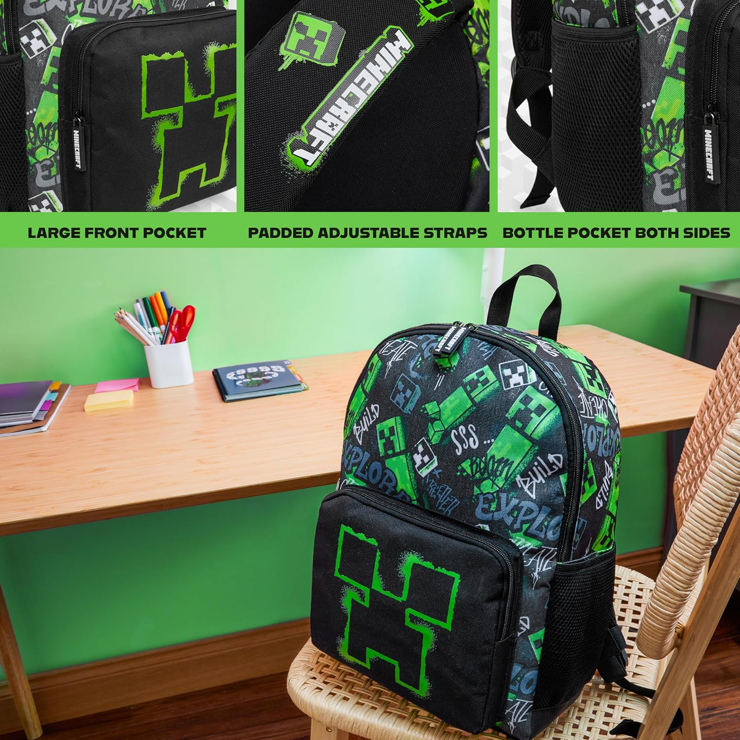 Minecraft Backpacks for Kids Creeper Boy Bag with Zipped Pockets Adjustable Straps image number 5