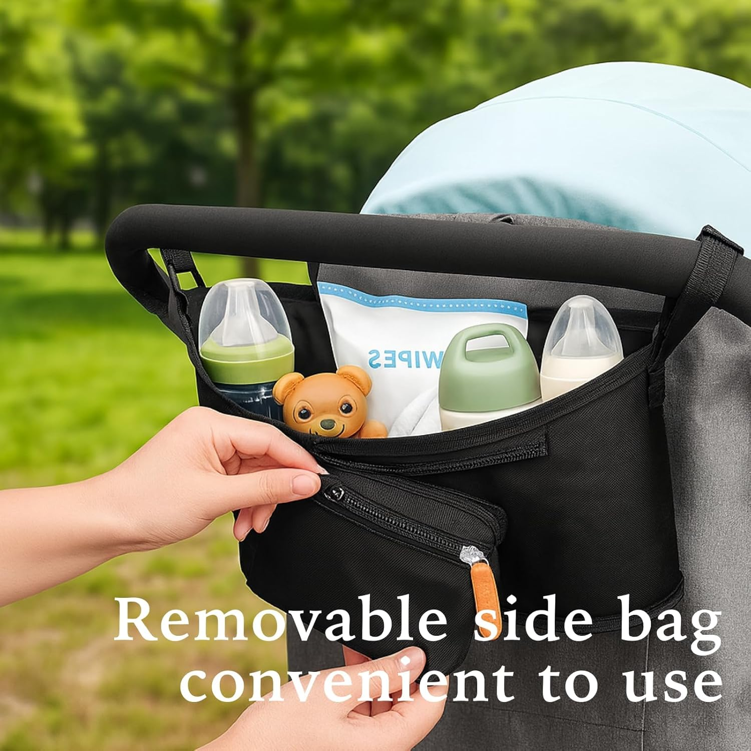 Universal Stroller Organizer Pram Caddy with Detachable Pockets, Waterproof Fabric, Machine Washable for Easy Cleaning, Fits Most Strollers and Joggers, Stylish Black Color for Everyday Use image number 1