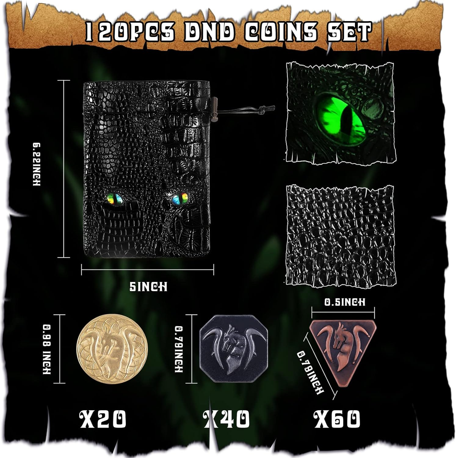 120PCS Metal, Silver & Copper DND Coins - DND Tokens & Accessories with PU Leather Bag - Fake Coins for Cosplay Board Game image number 5