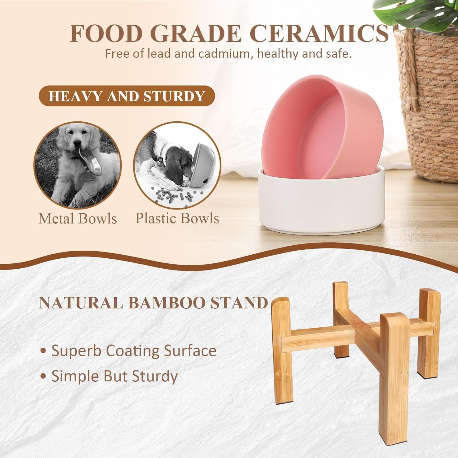 Elevated Ceramic Dog Bowl - PRENDIEEN Raised Dog Bowls with Non-Slip Bamboo Stand - Dog Food and Water Bowl - Dog Feeding Bowls - Suitable for Small and Medium Dogs - 28 OZ - 850 ML (Pink, Medium) image number 2
