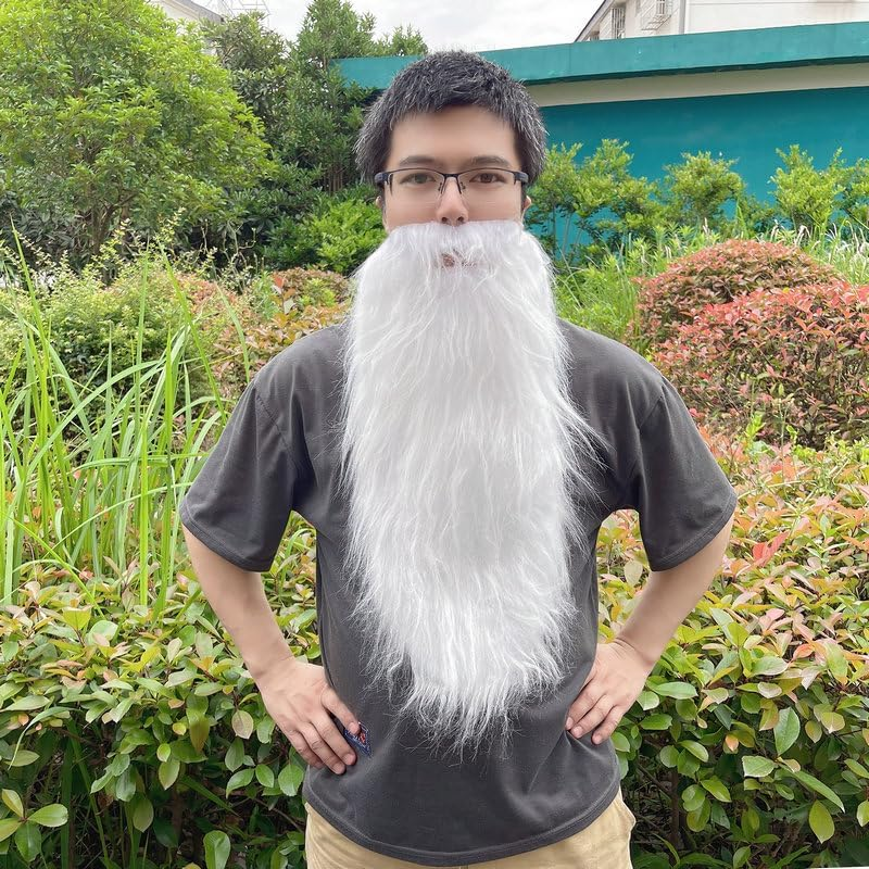 Party Fake Beard,Fake Long Beard and Mustache Men'S Big Beard Old Man Long Plush Beard Cosplay Holiday Party Party Costume Fake Whisker for Party Supplies Grey (White) image number 5