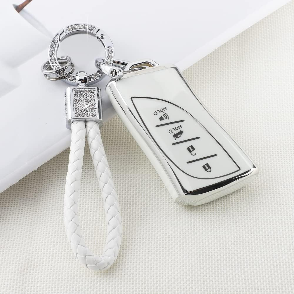 PIFOOG Lexus Key Fob Cover Bling Keychain TPU Car Keys Case Shell Protector Protection for Lexus GX ES NX LC RC LS UX Accessories 4 Buttons, White and Silver Edge, for Lexus image number 1