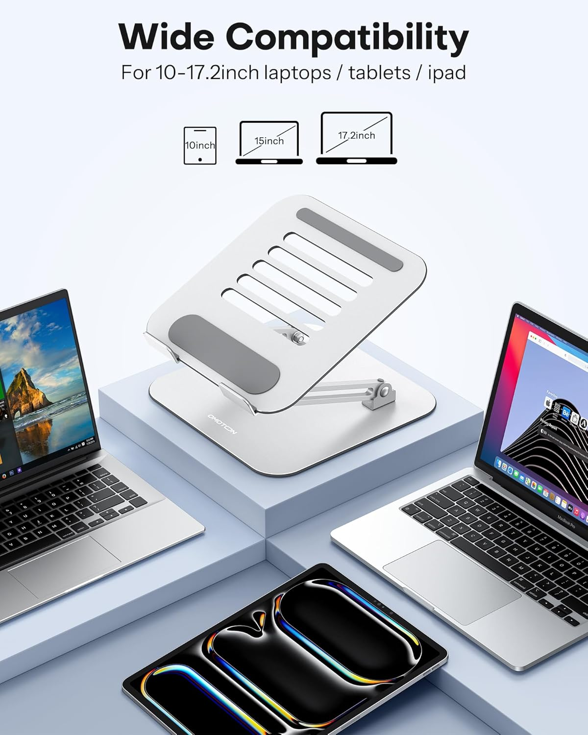 OMOTON Laptop Stand for Desk, Ergonomic Metal Adjustable Laptop Stand, Laptop Holder Riser with Cooling Function, Computer Stand Compatible with Macbook and All Laptops (10-17.2 Inch), Silver image number 2