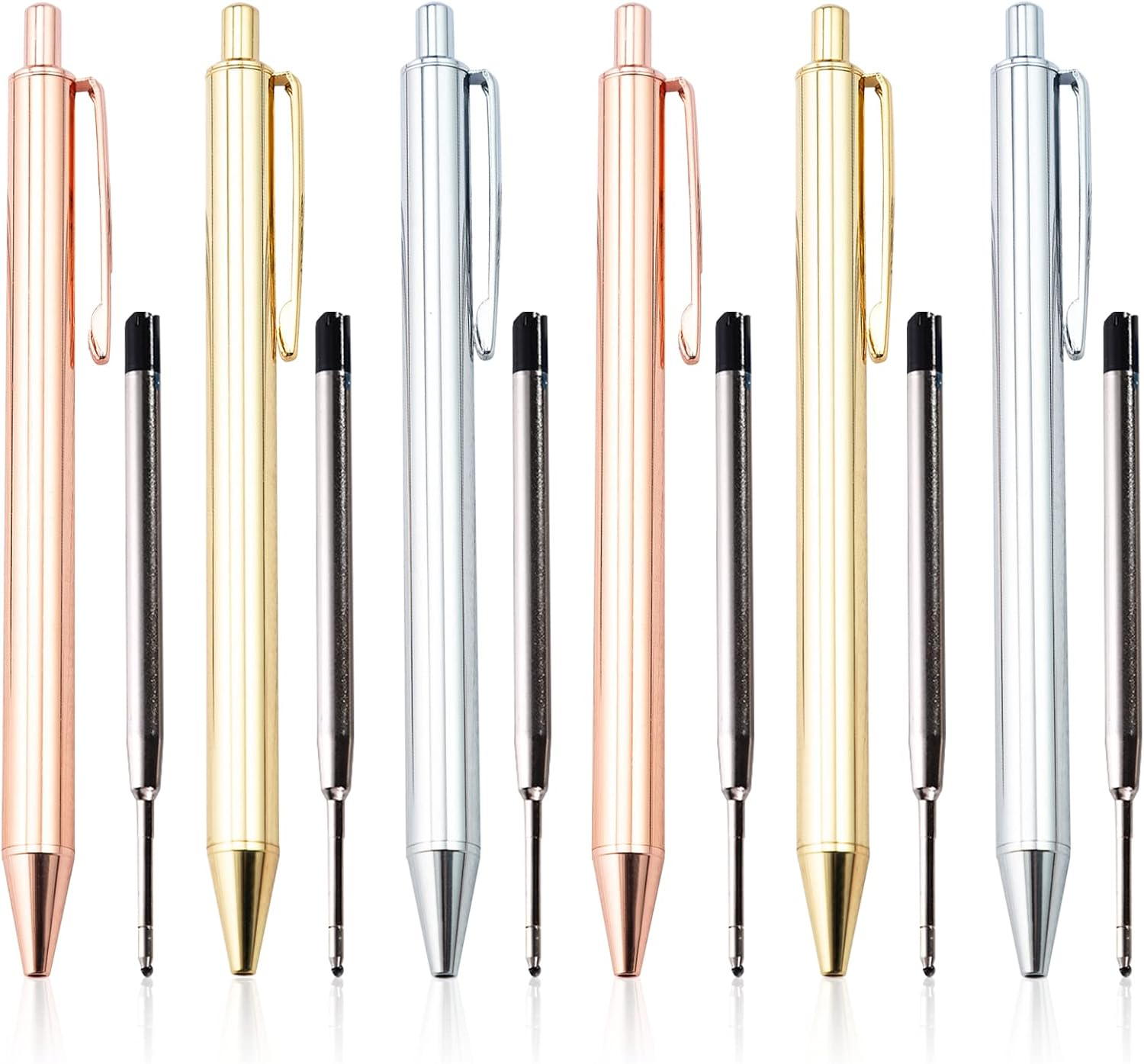 12Pcs Retractable Metal Ballpoint Pen Set, FHDUSRYO 6 Slim Metallic Ballpoint Pens, 1.0Mm Medium Point Black Ink Pens with 6 Pen Refills, Gold Sliver Click Ball Pens for Gift, Business, Office (Slim)