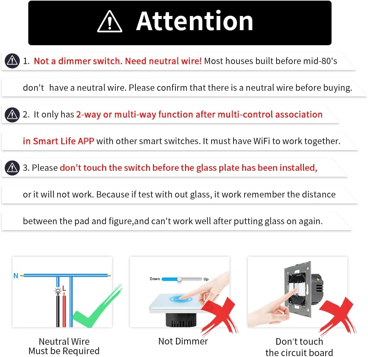 JIMEIDA Smart Touch Light Switch, White Glass Panel, 600 W, Smart Light Switch for Alexa, Google Home, 1 Gang with Status LED, Neutral Conductor Required image number 3