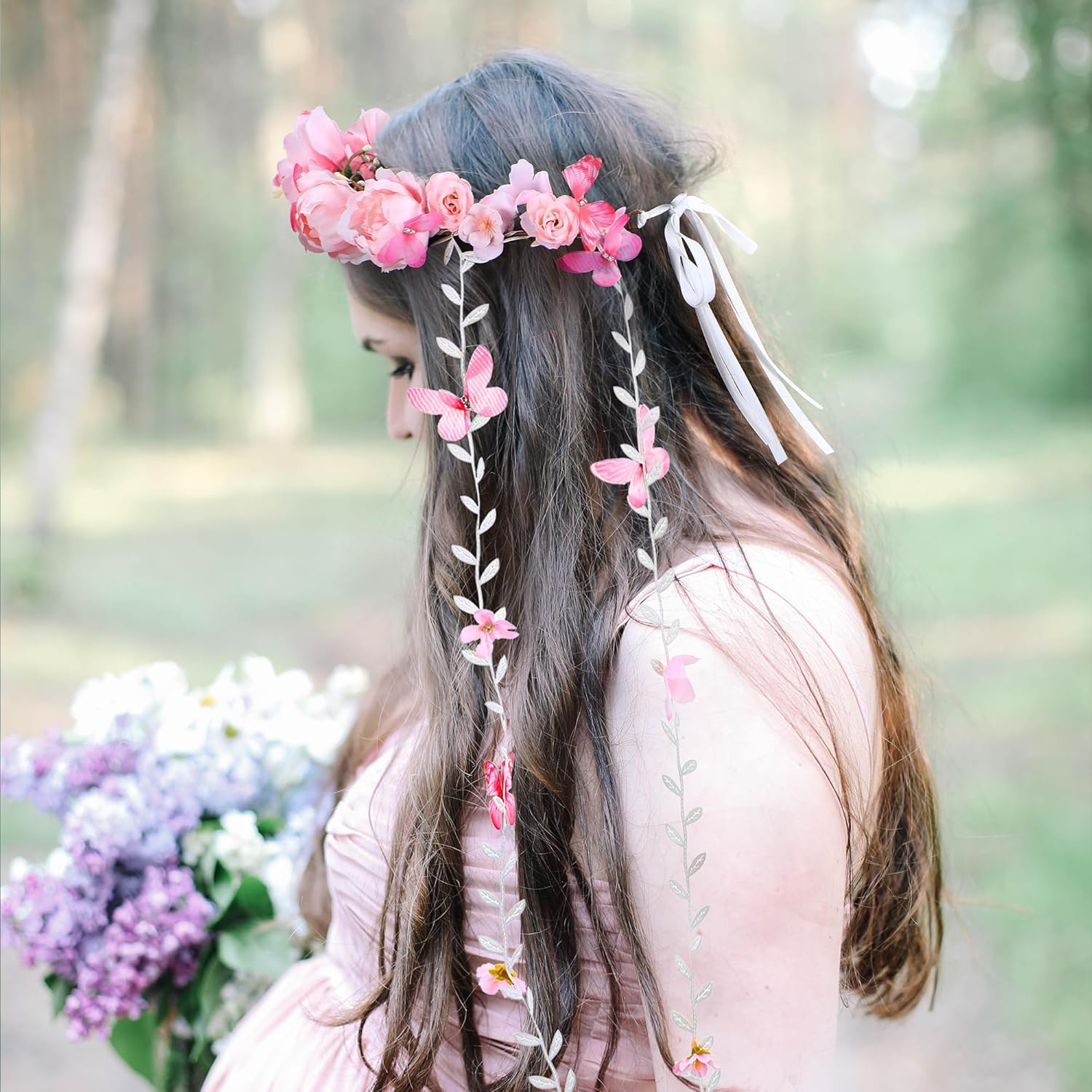 Partyforu Pink Flower Crown Headband for Women Floral Fairy Headpiece Bohemian Vine Flower Headband with Butterfly for Wedding Bridal Shower Party Renaissance image number 2