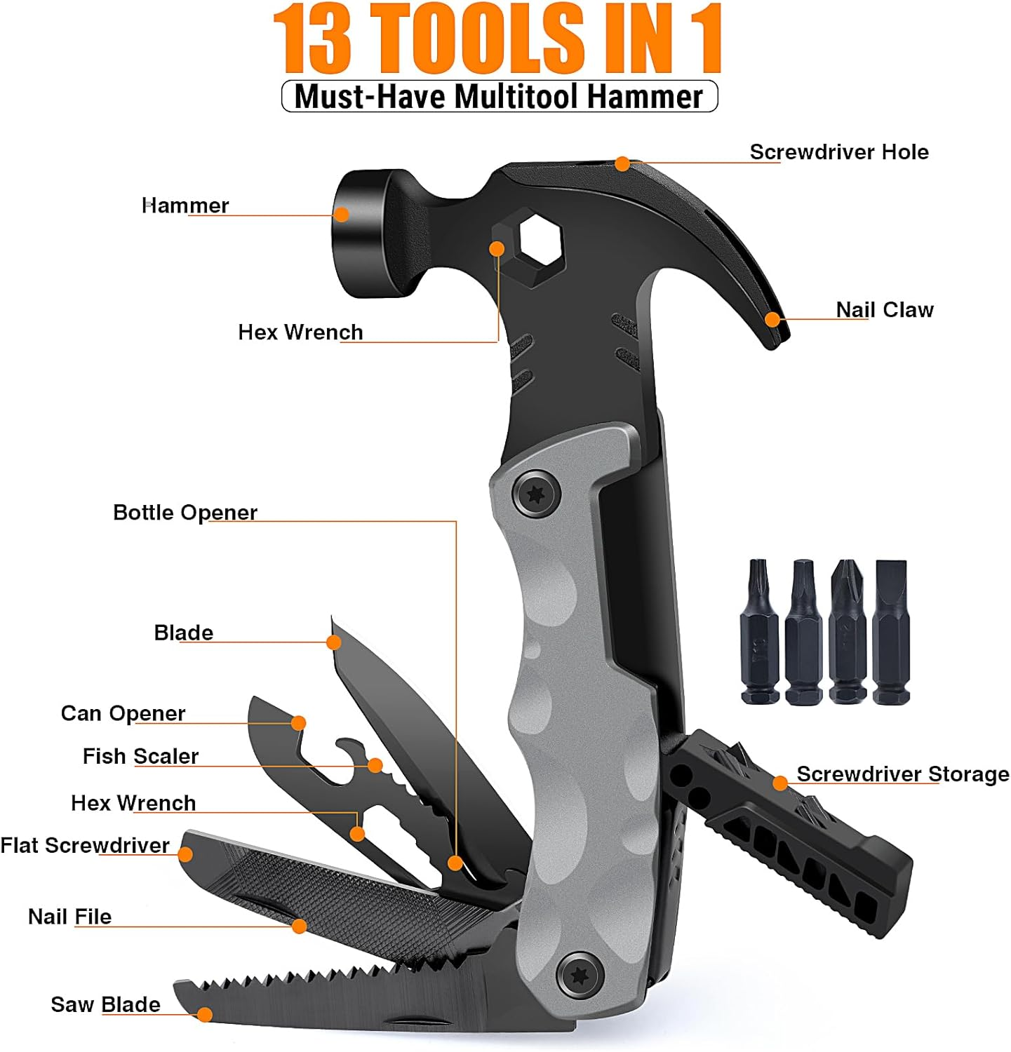 13-In-1 Multitool Gifts for Men - Cool Unique Gadgets Gifts Stocking Stuffers for Men Him Dad Husband - Camping Accessories for Outdoor, DIY, Repair, Gardening (Gray Hammer)