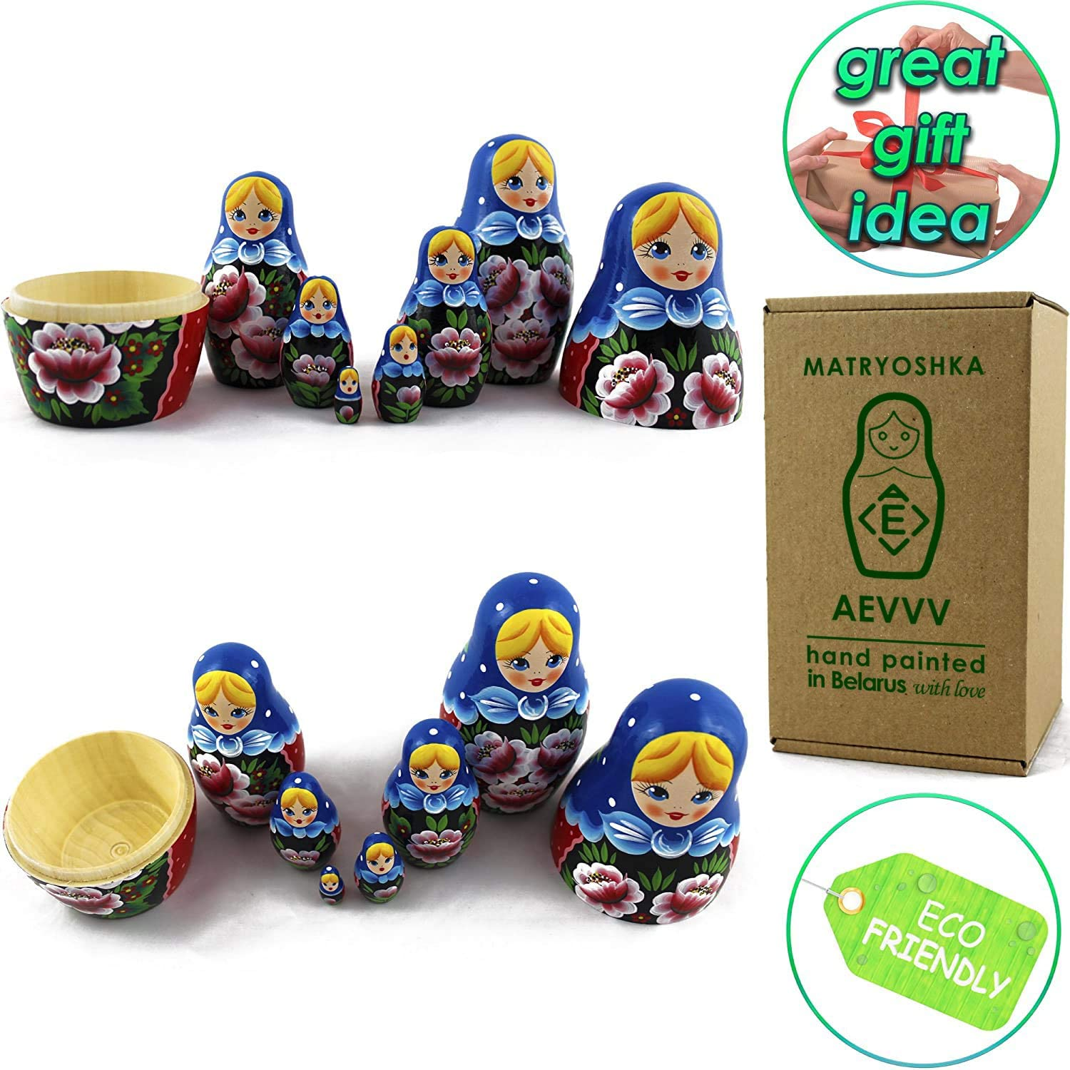 Nesting Babushka Dolls - Handmade Rose Hand-Painted - Matruska Stacking 7 Dolls - Munecas Rusas - Home Decor Decorations image number 2