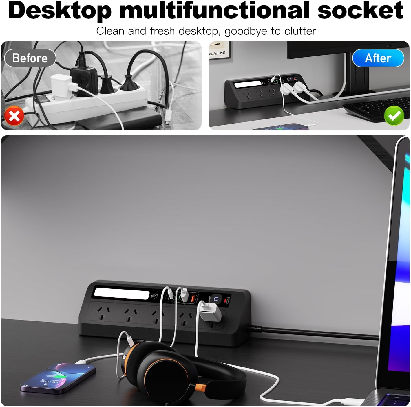 Desk Extension Lead with USB Slots, BOCHLION PD 35W + PD 20W Fast Charging Power Station with Night Light, 5 Way Plug Extension Socket Surge Protector, Desktop Power Strip 1.8M for Home Office (Black) image number 1