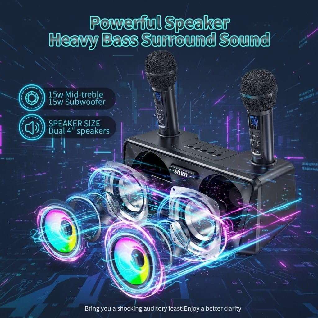 Karaoke Machine with Two Wireless Microphones, Portable Bluetooth Speaker, Karaoke Machine for Adults and Kids, PA System for Home Party, Outdoor, LED Lights, Supports USB/AUX/TF Card Bluetooth