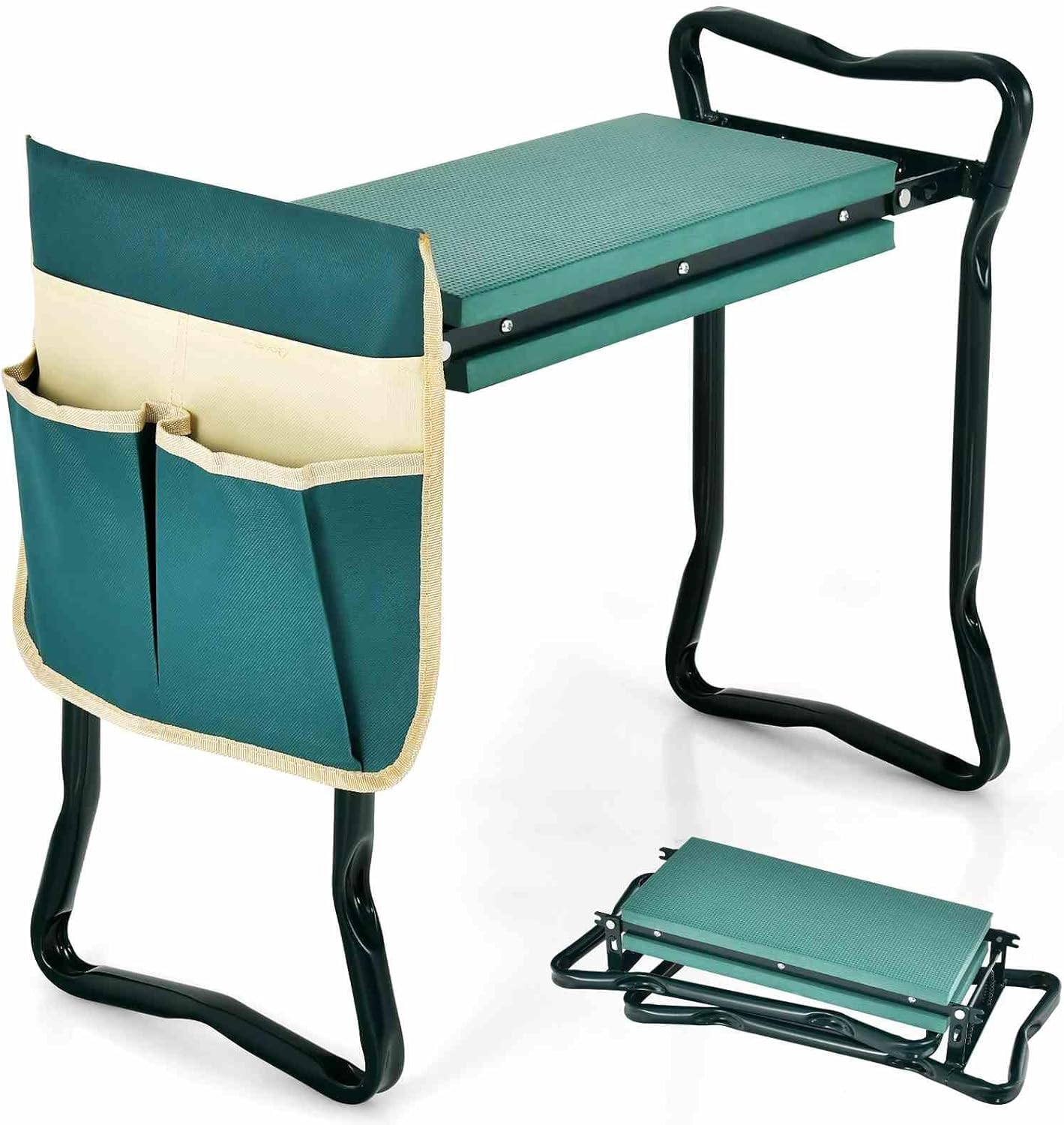 Costway 2-In-1 Garden Kneeler & Seat, Portable & Foldable Garden Tool for Kneeling & Sitting, Heavy-Duty Garden Bench W/Large Tool Pouch, Wide Kneeling Pad for Women Men Seniors