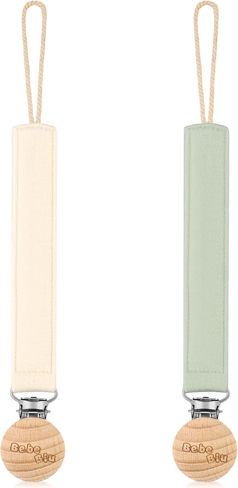 Dummy Clip, 2 Pack Fabric Pacifier Clips, Super Soft Fabric Strap with Wooden Clip, Pacifier Clip Newborn Essentials (Cream/Sage)
