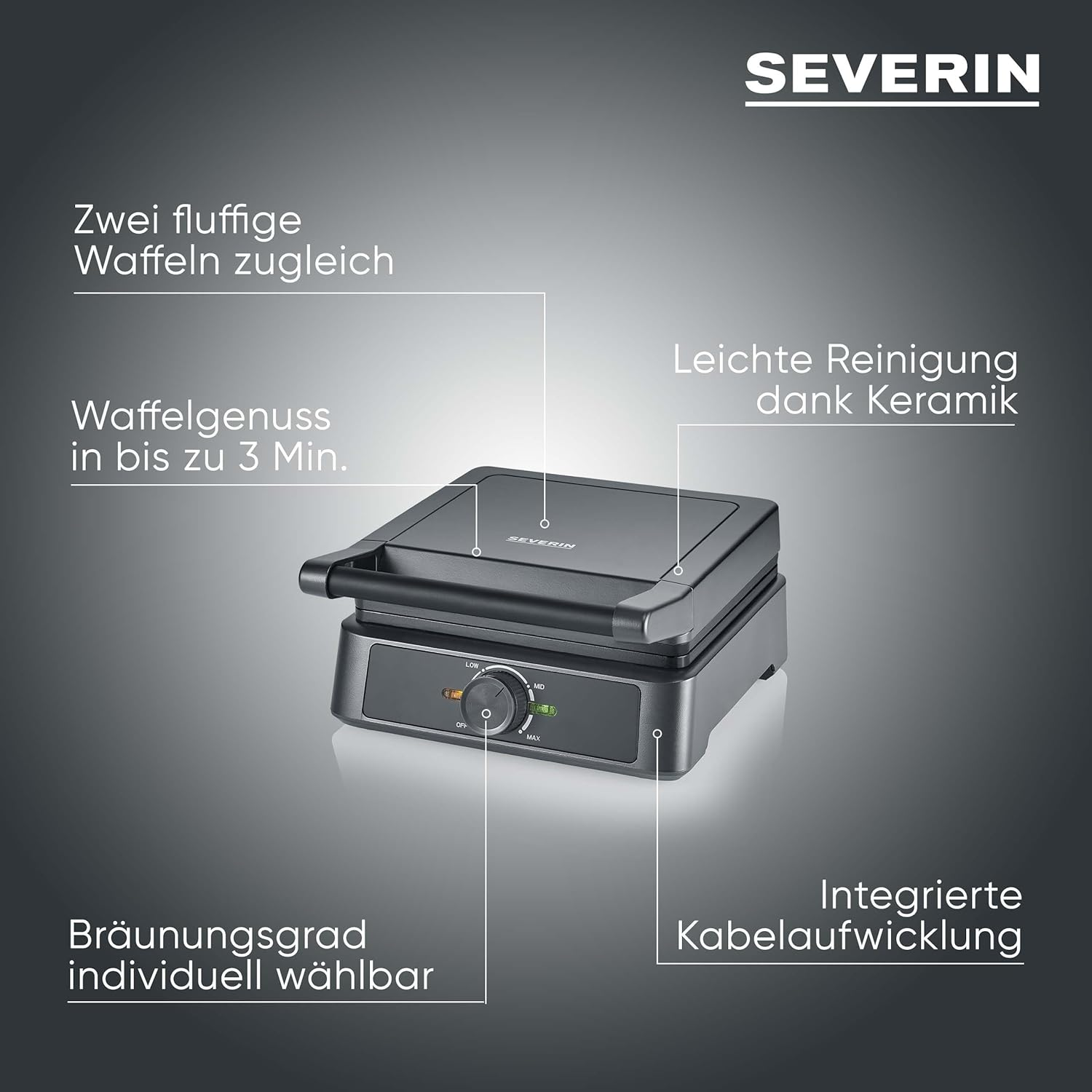 SEVERIN - Belgian Waffle Iron with Ceramic Coating, Waffles, Variable Thermostat, 1600 W, Dimensions 20.3 X 25.5 X 10.5 Cm, Matt Black WA 2130 image number 5