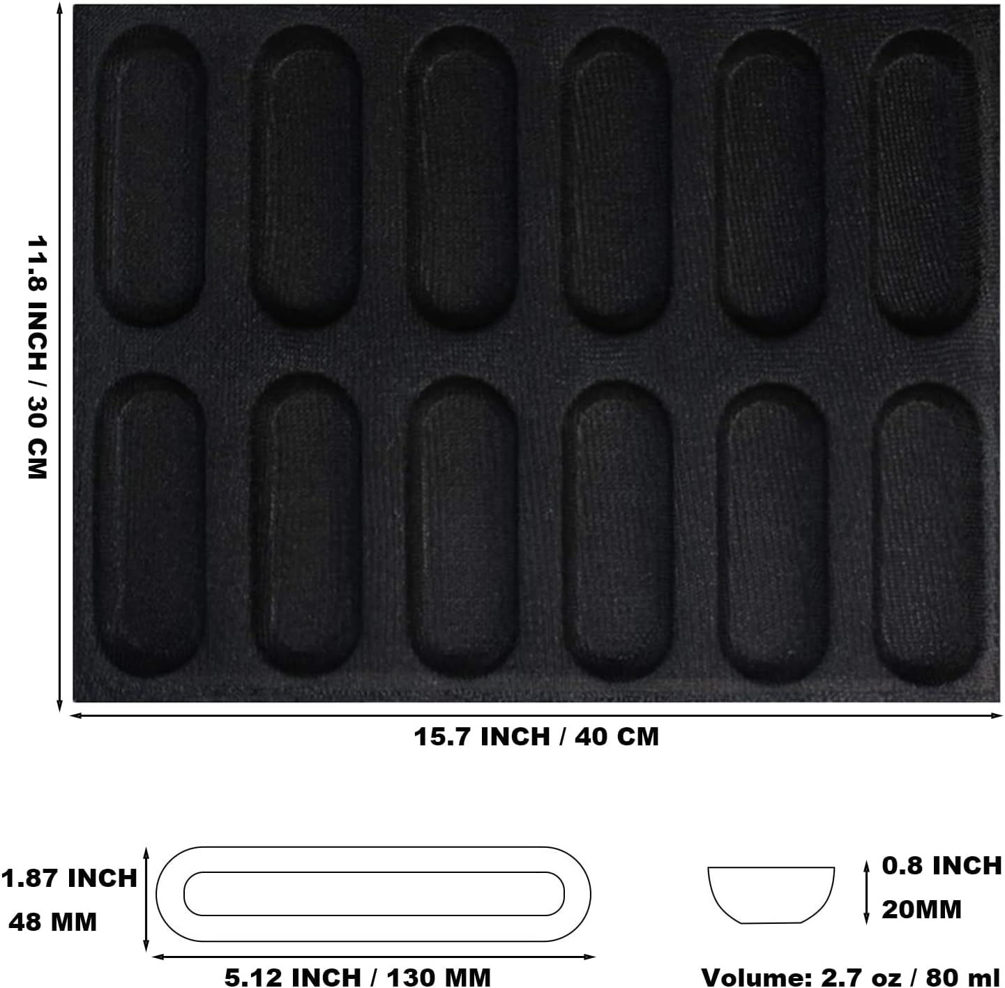 Silicone Perforated Bread Mold for Baking, 12 Individual Oblong Baking Forms, Hot Dog Bun Mold, Silicone Molds for Making Crispy Bread Rolls, Eclairs and Milk Breads