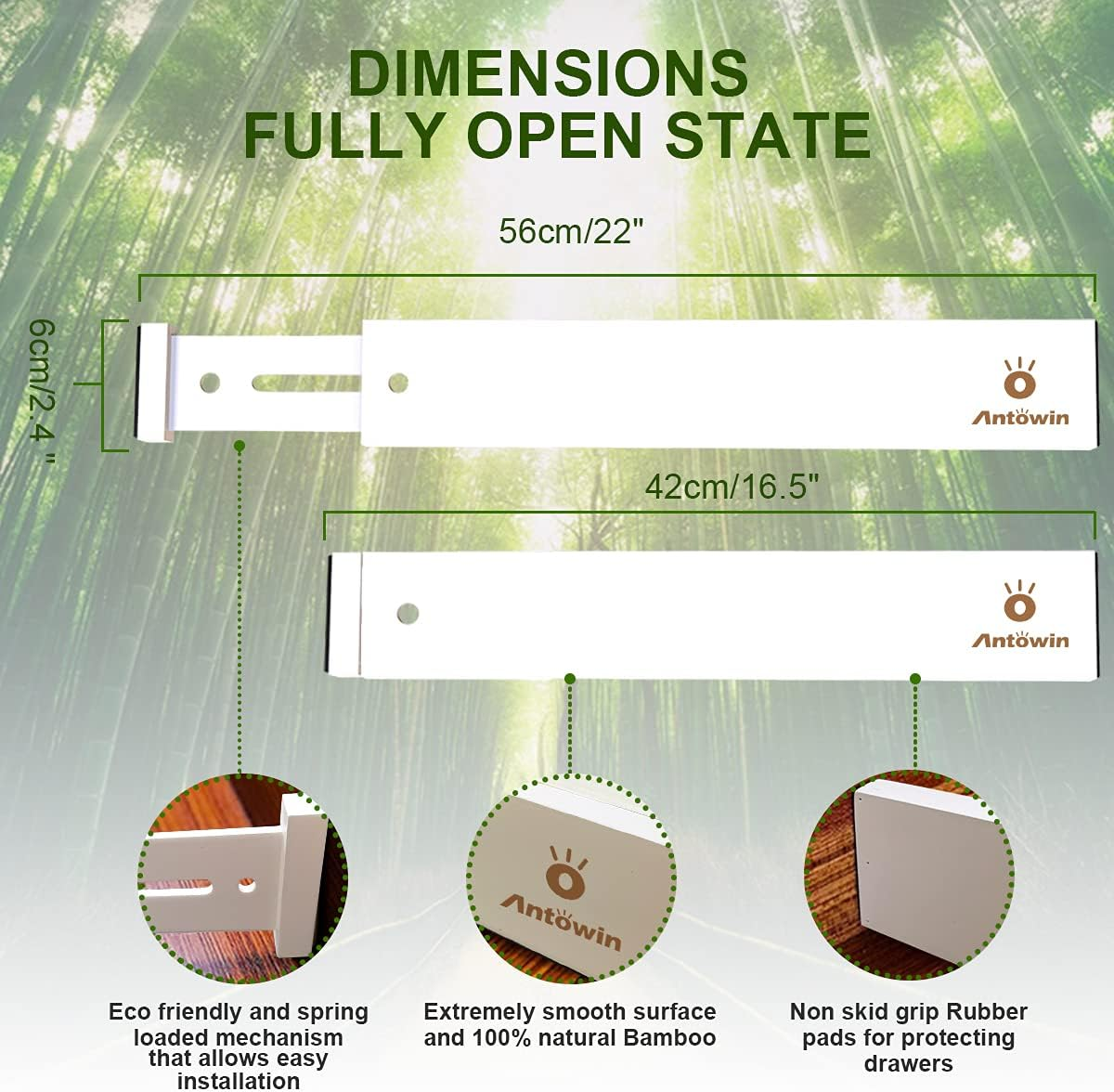 ANTOWIN Bamboo Drawer Dividers, Expandable Drawer Separators Splitter(43-56Cm), Adjustable Spring-Loaded Organizer for Large Utensil, Clothes, Tools Drawers(White)