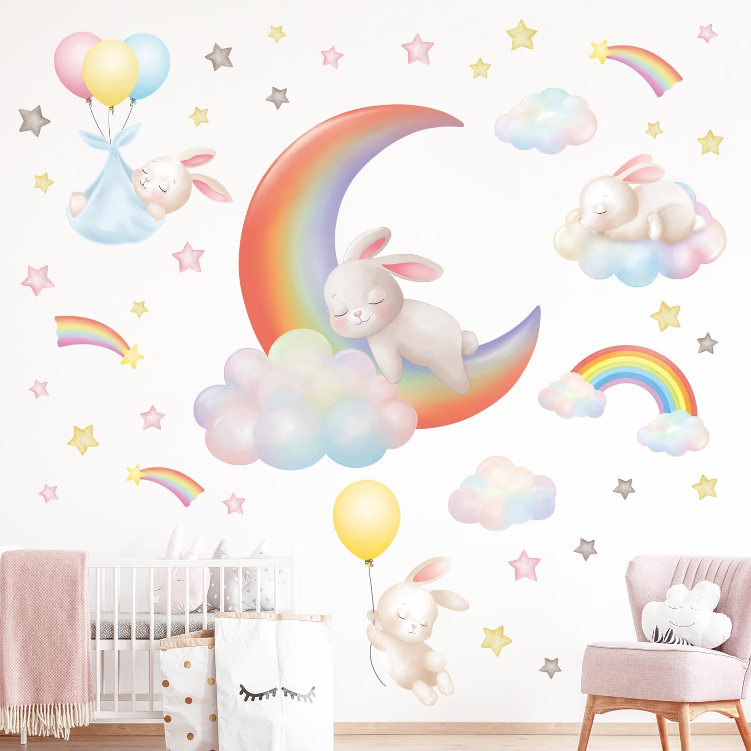 DECOWALL SG2-2313 Rainbow Moon Clouds and Rabbits Wall Stickers Decals Kids Dream Bedroom Star Room Nursery Girls Baby Decorations Girly Balloon Living Playroom image number 4