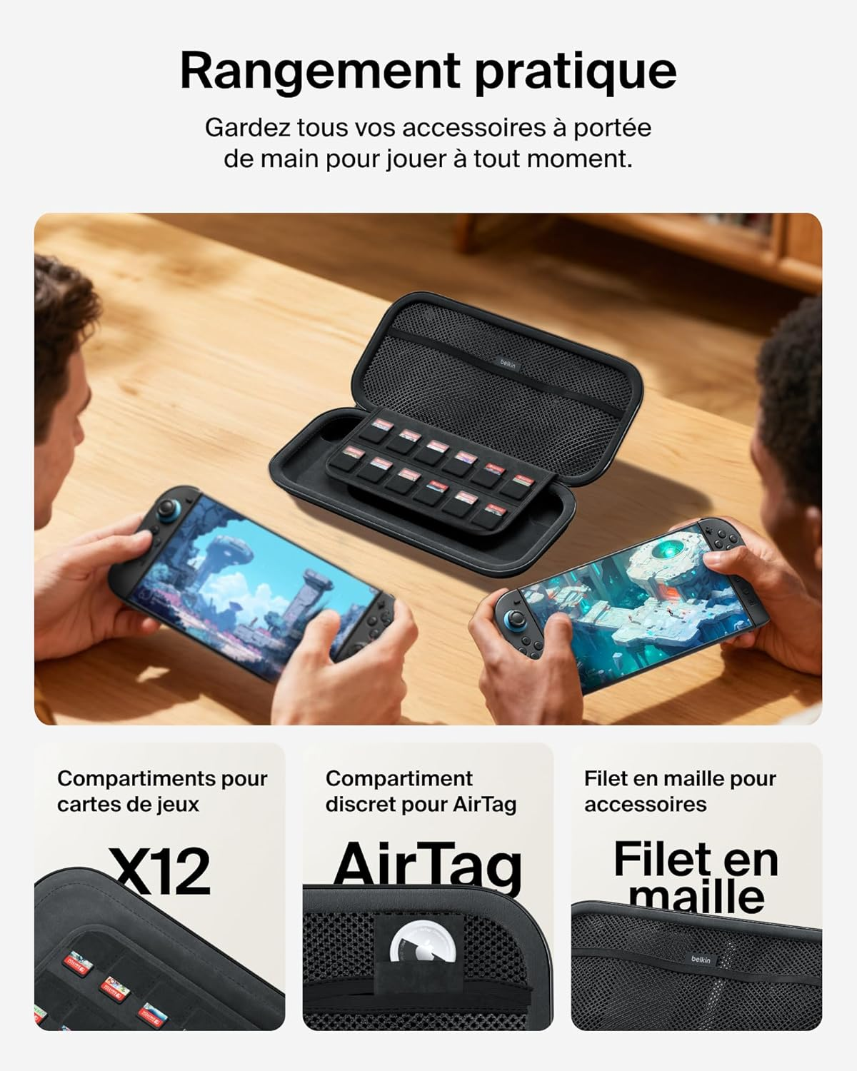 Belkin Gaming Nintendo Switch 2 Tasche Mit F&auml;chern F&uuml;r Airtag Und Game-Karten &ndash; Leichtes Hartschalen-Case Mit Weichem Futter F&uuml;r Reisen, Gaming Reisezubeh&ouml;r &ndash; Anthrazit - Charcoal image number 2
