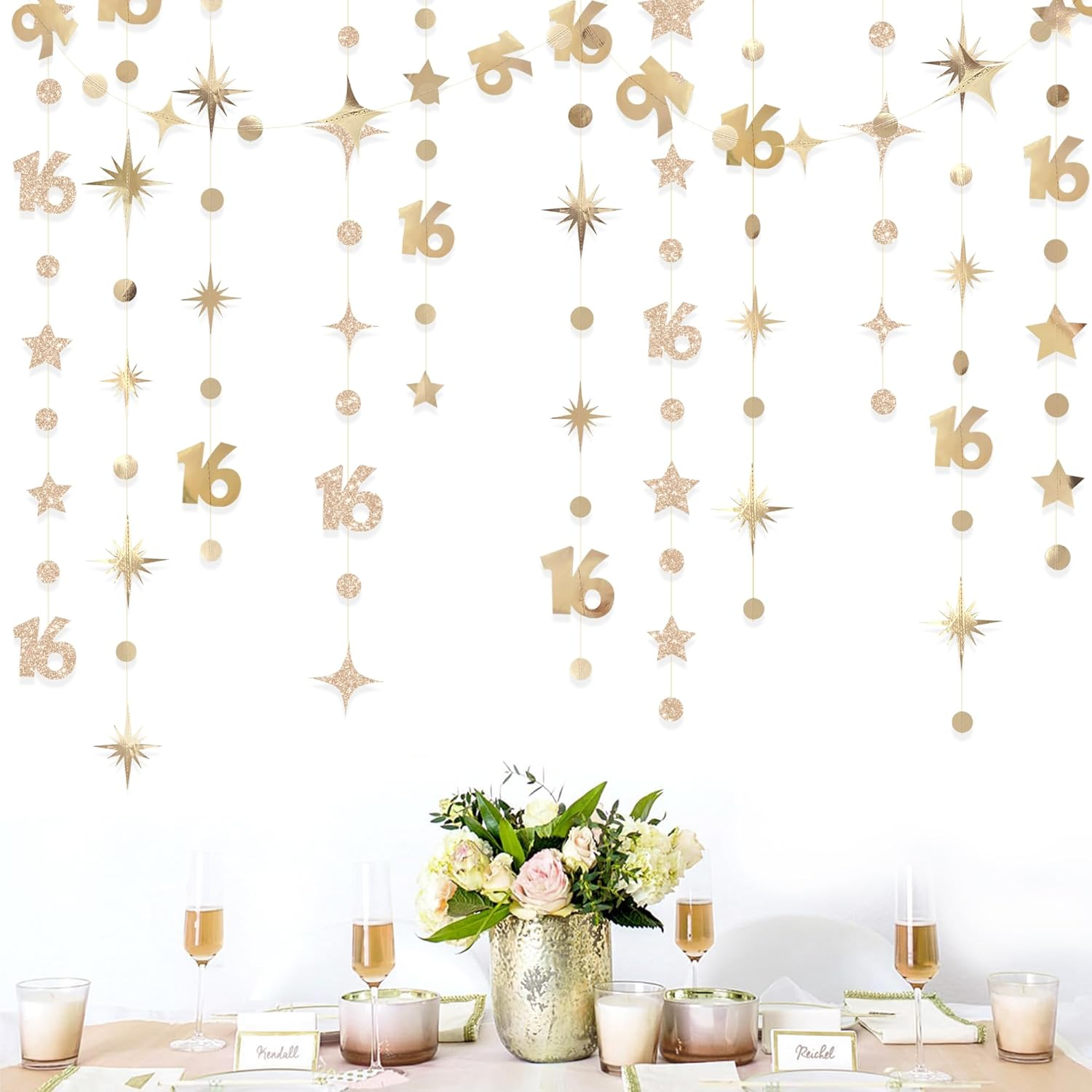 Champagne Gold 16Th Circle Dot Star Garland Streamer Champagne Gold Metallic Glitter Paper Number 16 Hanging Banner for Sweet 16 Years Old Sixteen Birthday 16Th Anniversary Party Decorations Supplies image number 2