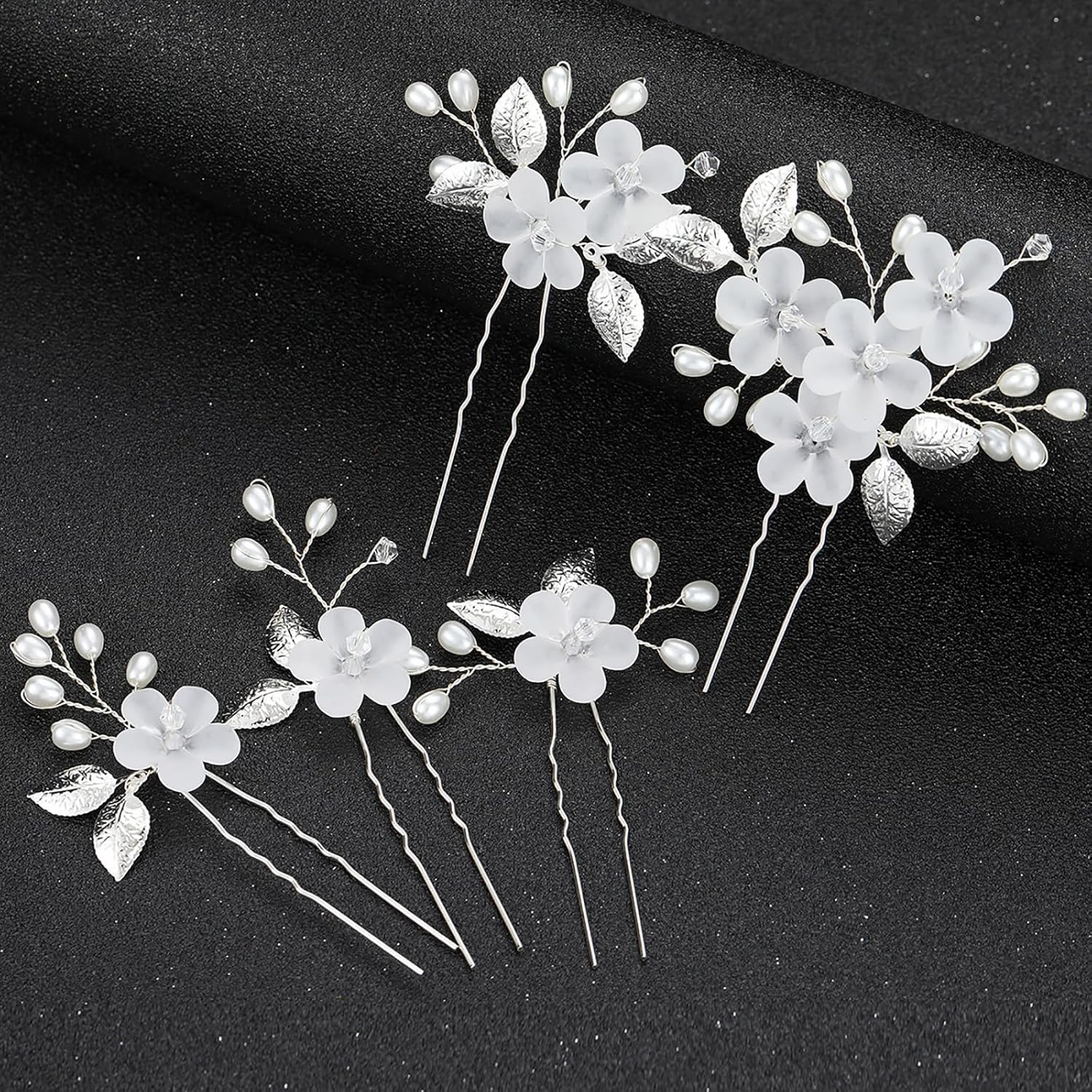 Weenwill Bridal Hair Accessories,5 Pcs Bridal Hairpins,Bride Wedding Flower Hair Pins Clips,Pearl Bridal U-Shaped Wedding Hair Pins Bridesmaid Hair Accessories Set for Women Girls Silver image number 2