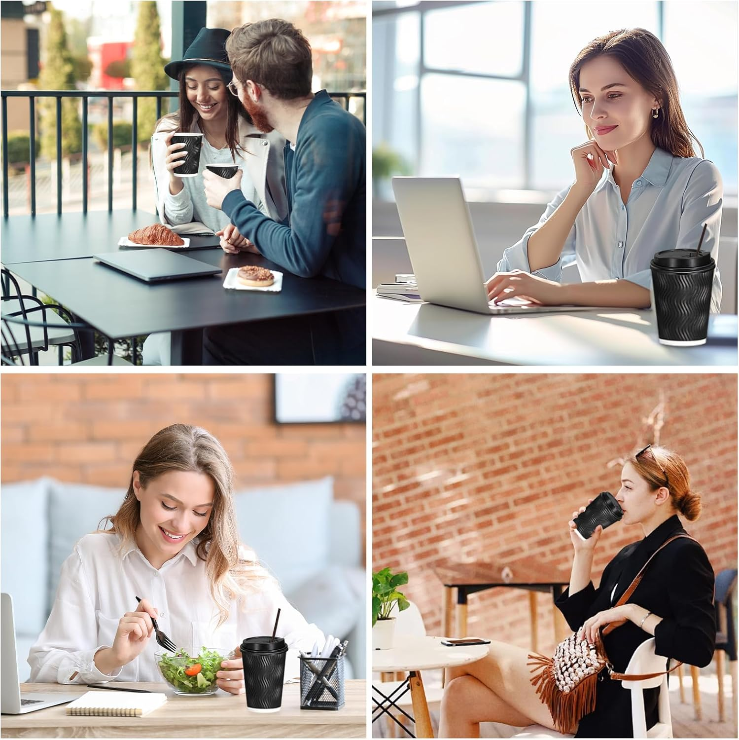 TNGAMFGT 12Oz Ripple Wall Paper Cups,100 Pcs Disposable Paper Coffee Cups with Lids,Hot Drinks, Cold Drinks, Juice Tea，Ideal for Home, Parties, Weddings（12Oz，100 Pack，Black） image number 5