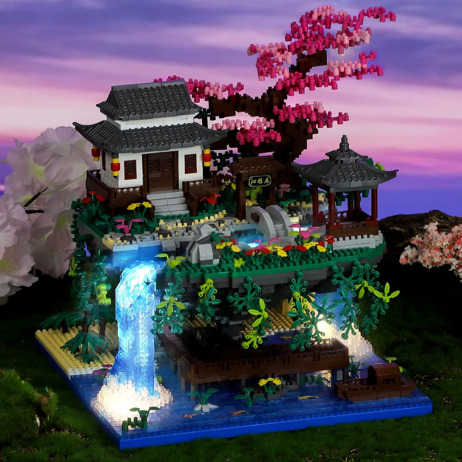 Peach Blossom Pond Micro Mini Building Blocks Set for Adults and Kids, Chinese Architecture Cherry Bonsai Gift Toys with String Lights, Japanese Sakura Tree House Micro Bricks (3320PCS) image number 2