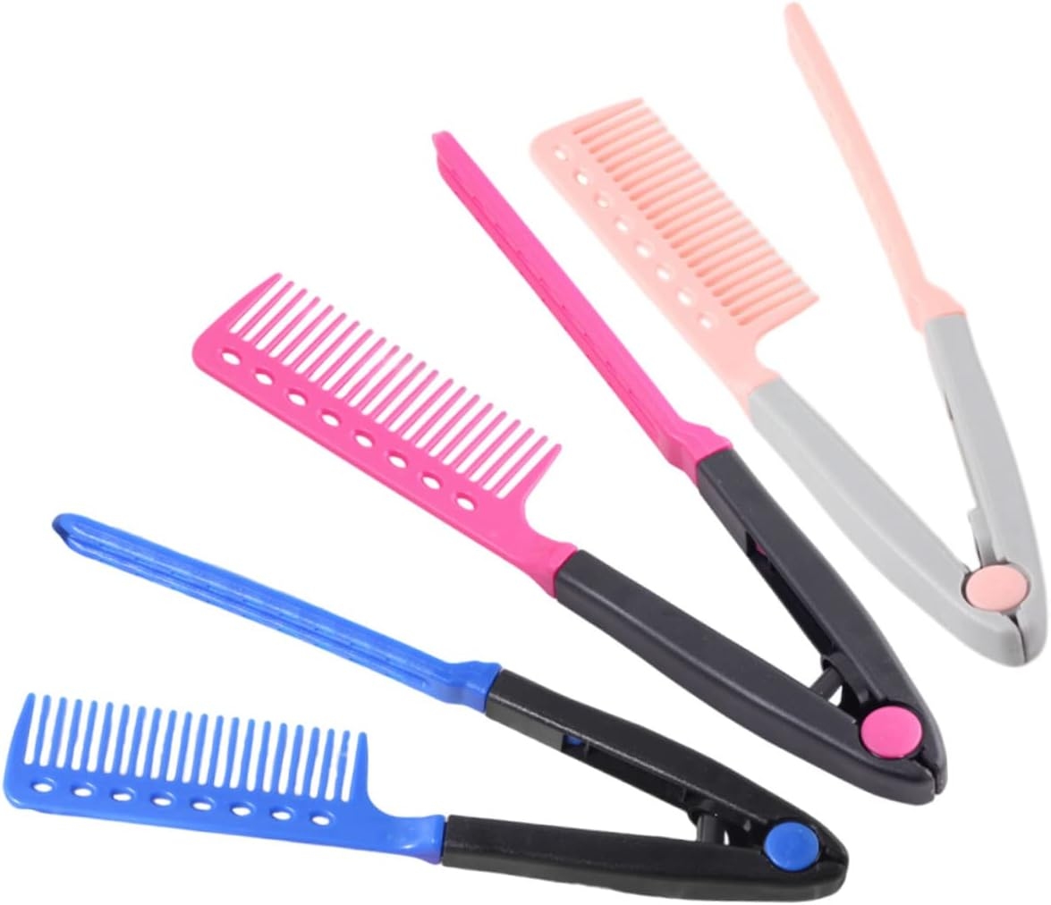 Salon Hair Straightening Comb 3Pcs Folding V-Shaped Hair Straightener Combs for Women Travel Set Rose Red Blue Pink image number 5