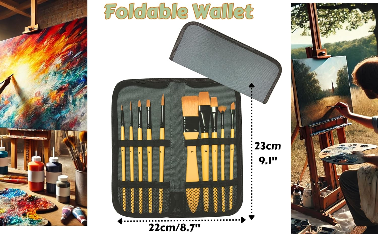 Exerz Acrylic Paint Brush Set 10 Pcs Synthetic Hair Artist Professional Brushes in a Travel Case/Perfect for Acrylic Watercolour Gouache & Face Paint - Acrylic image number 6