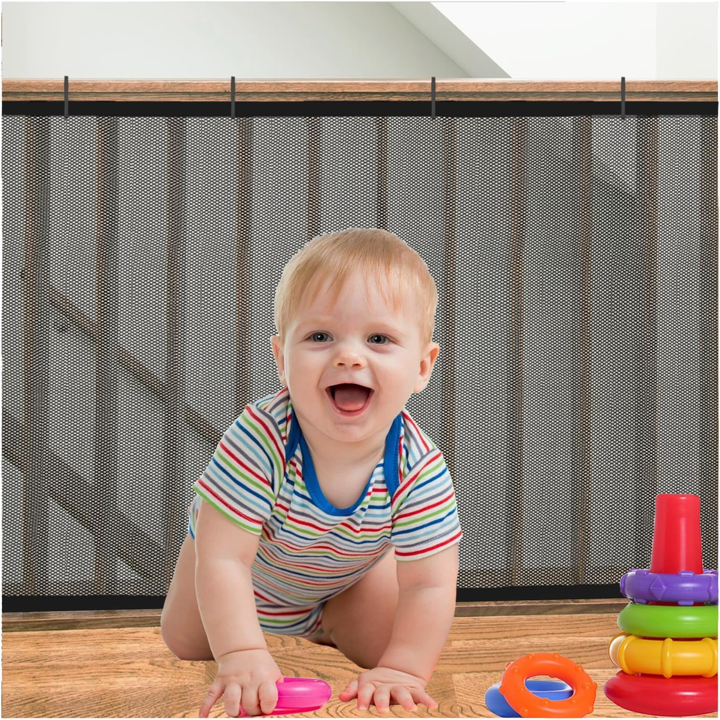 Stair Netting Child Safety Net, Baby Gate for Stairs with No Drilling, Stairway Net, 16.4 Ft L X 2.56 Ft H, Banister Guard, Balcony Banister Stair Net for Child, Small Pet,Toy- Indoor & Outdoor(Black) image number 5