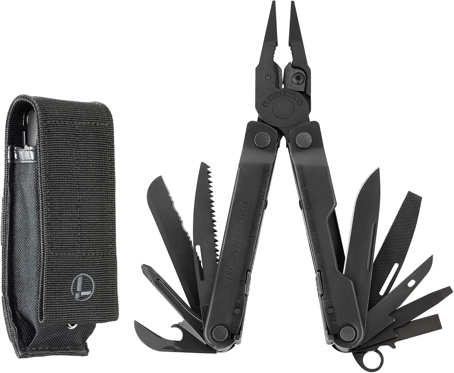 Leatherman Rebar Multi-Tool - 17 All-Tools for DIY & Camping, Black Stainless Steel with Black Nylon Holster, Silver